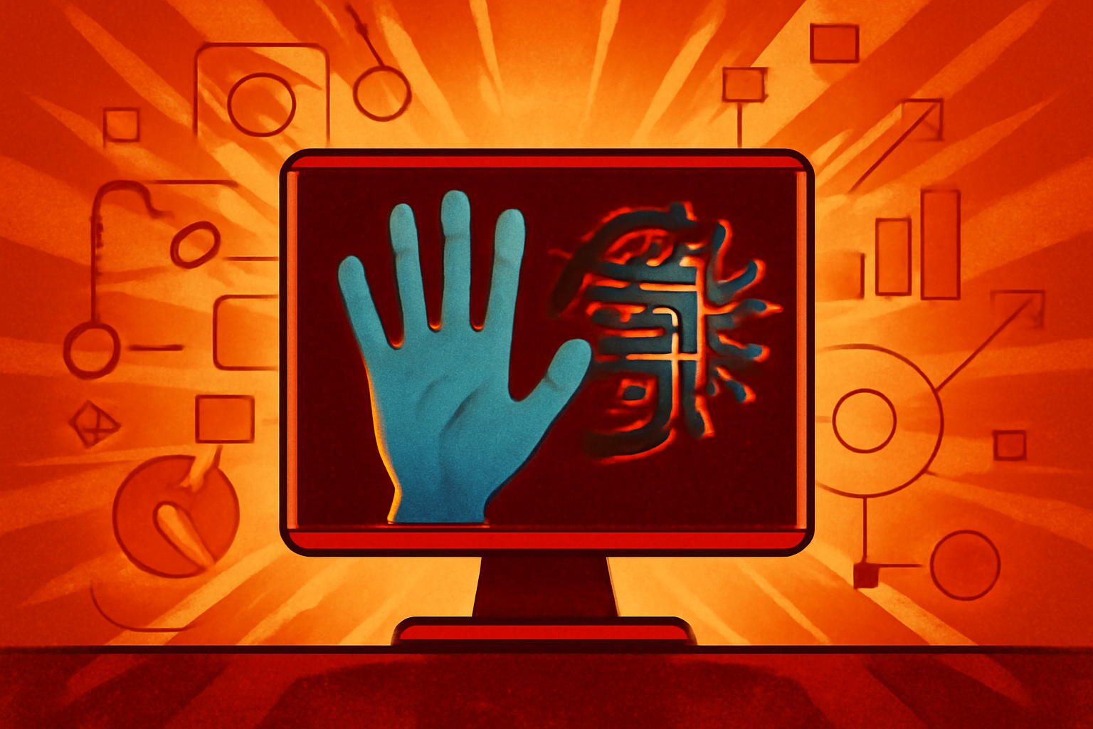 A digital scan of a person's hand displayed on a mobile device, showing colored markers and skeletal analysis lines used by an AI diagnostic system to detect bone growth associated with acromegaly.