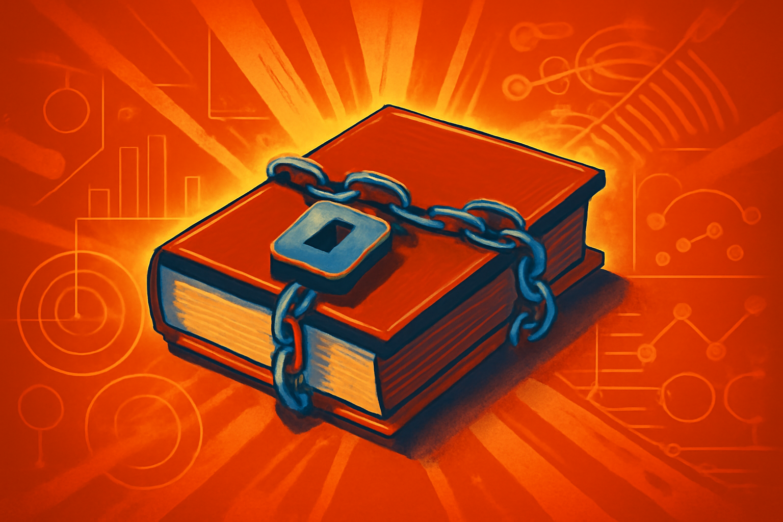 Digital representation of a glowing AI brain being held back by old-fashioned chains and leather-bound books in a laboratory.