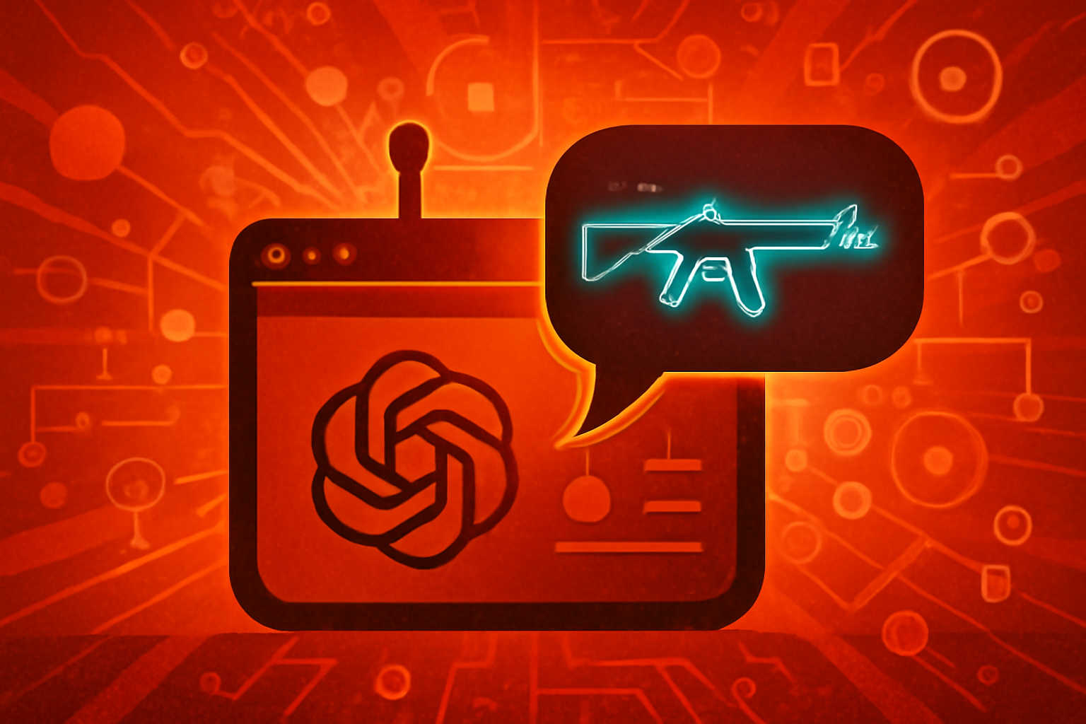 A dimly lit computer screen showing a digital chat interface with text bubbles, representing an AI chatbot interaction in an investigative setting.