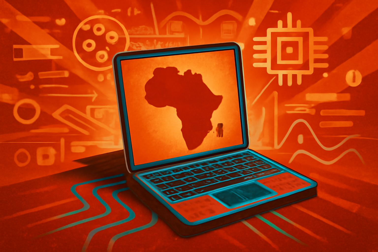Researchers at a university desk looking at a monitor displaying indigenous South African text and AI data structures.