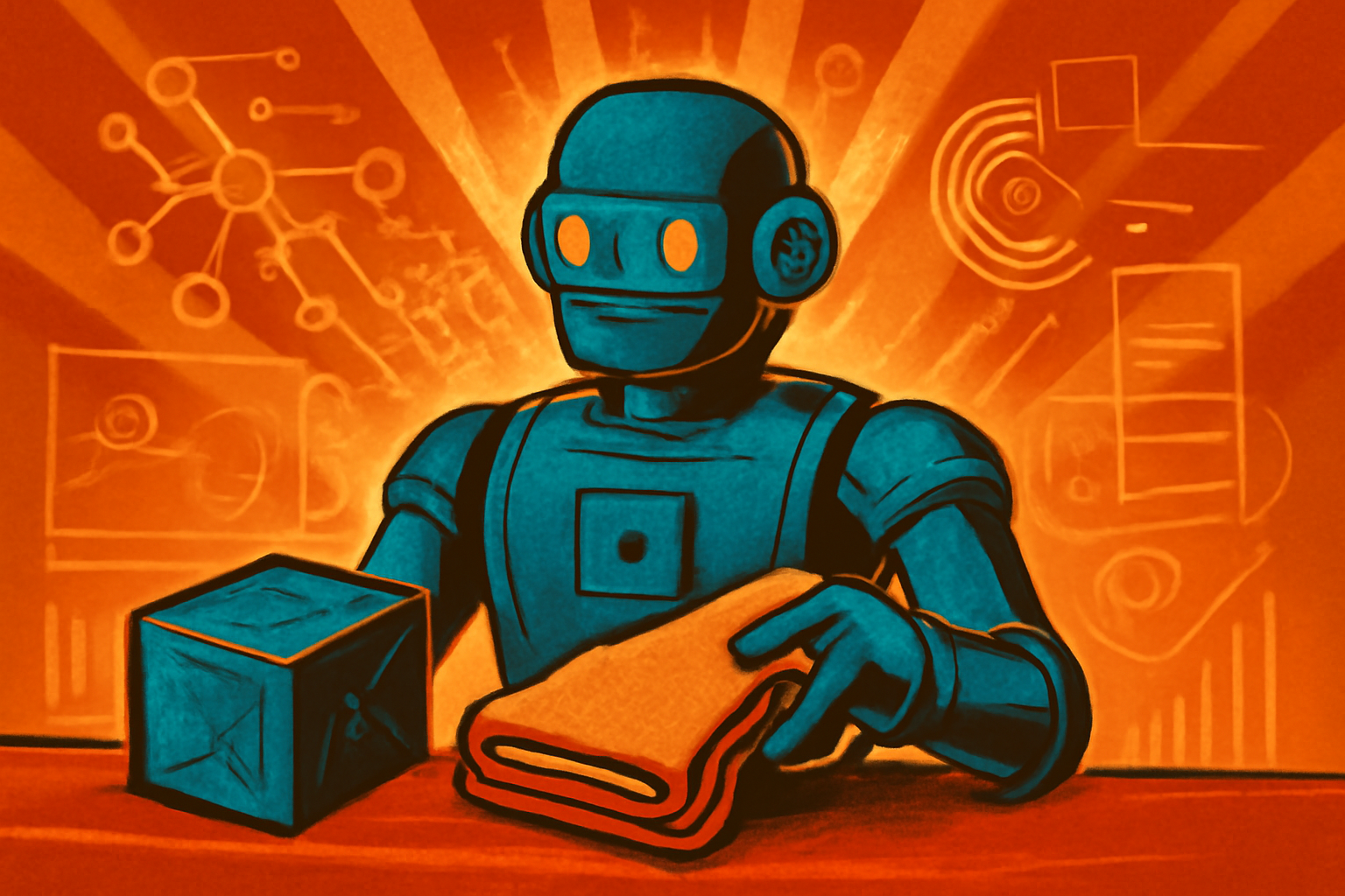 A high-tech robotic arm folding a white shirt on a table in a clean laboratory setting, illustrating advanced manual dexterity.