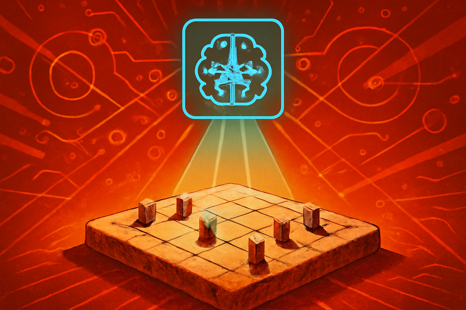 A weathered stone slab from the Roman era featuring circular engravings, with a digital overlay representing artificial intelligence analysis and game simulations.