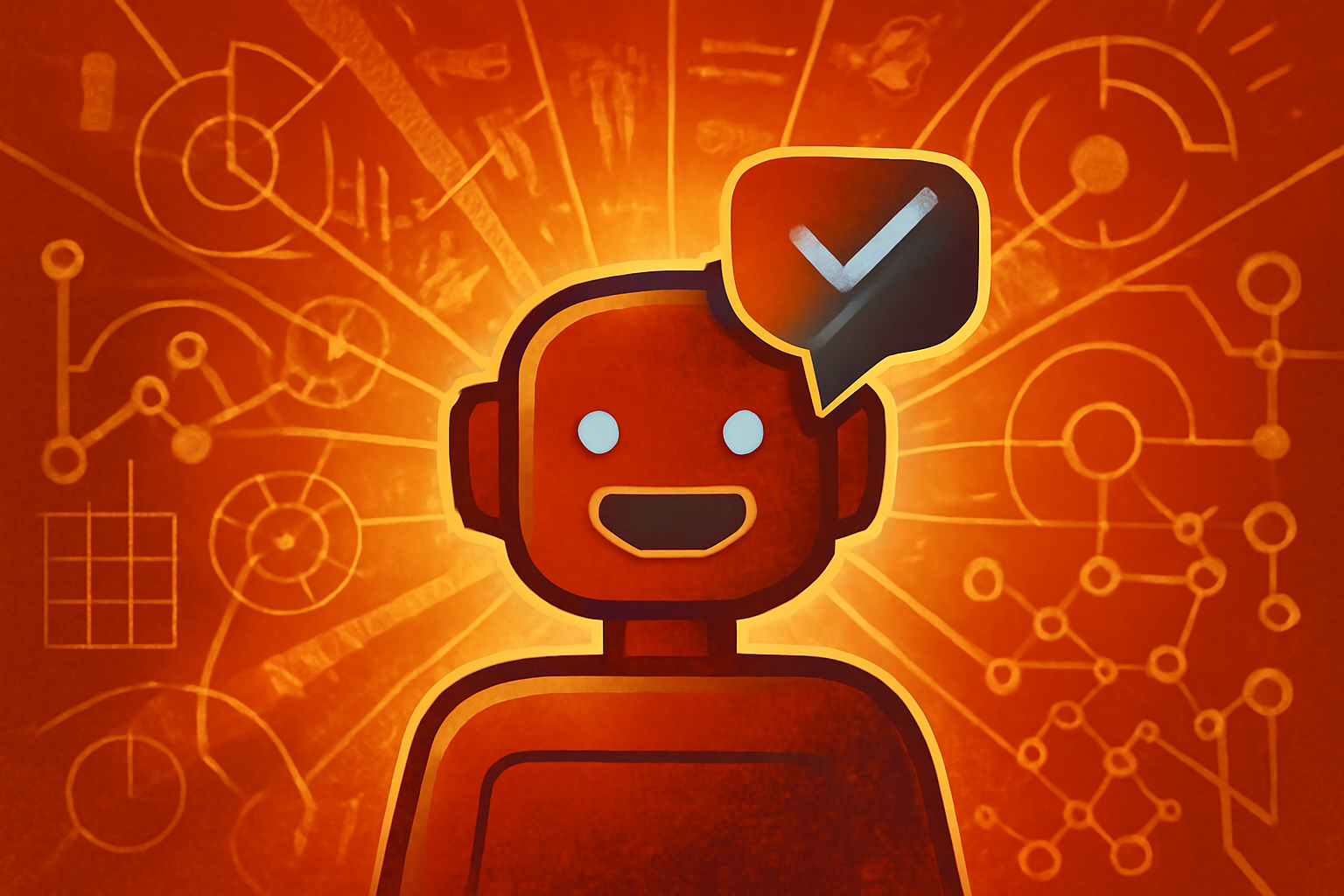 A person looks at a smartphone displaying a chatbot conversation filled with glowing agreement icons, illustrating the concept of sycophantic AI influencing human thought.