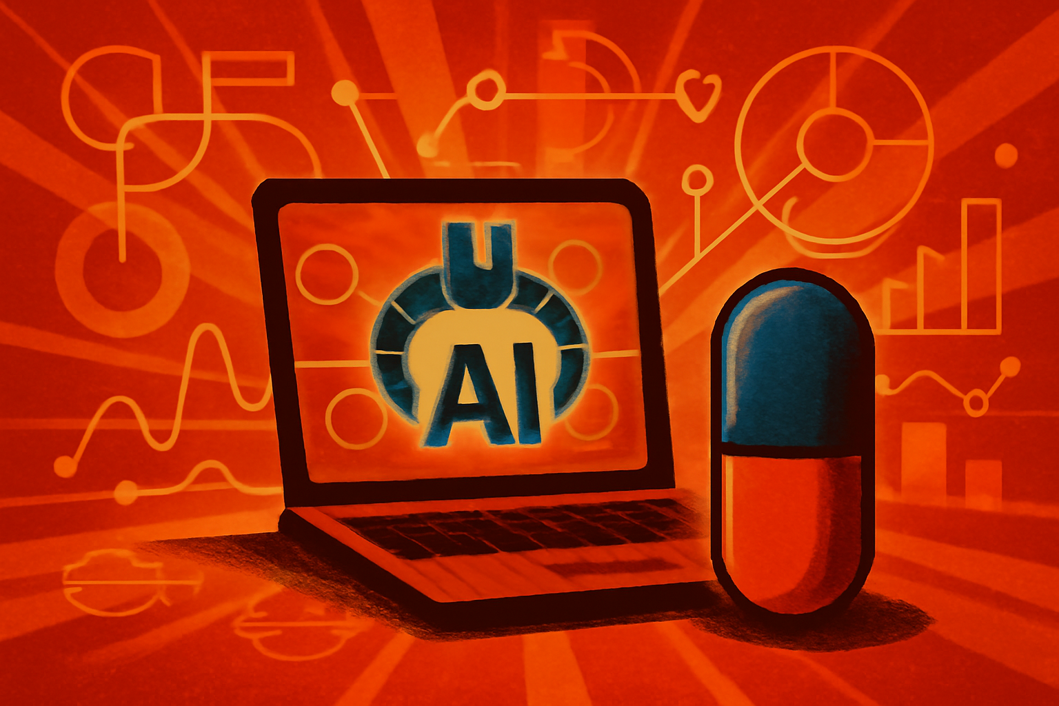 A digital screen in a laboratory showing complex molecular structures and data points generated by an AI platform.