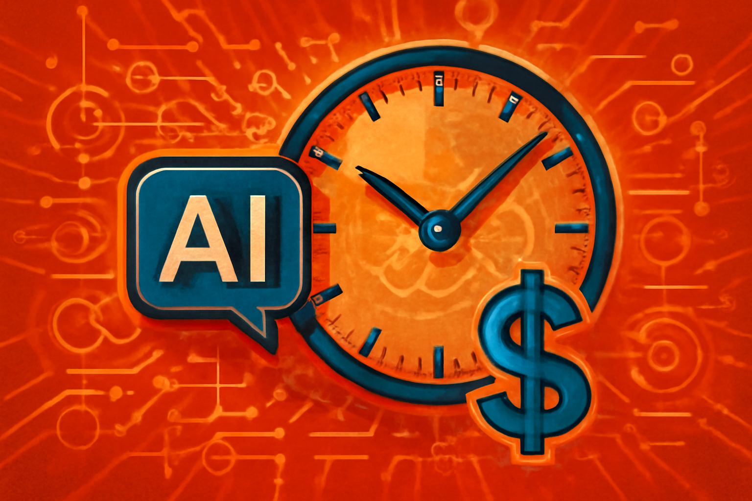 A conceptual visualization of a person using a smartphone where digital clock elements appear warped and accelerated by an AI interface.