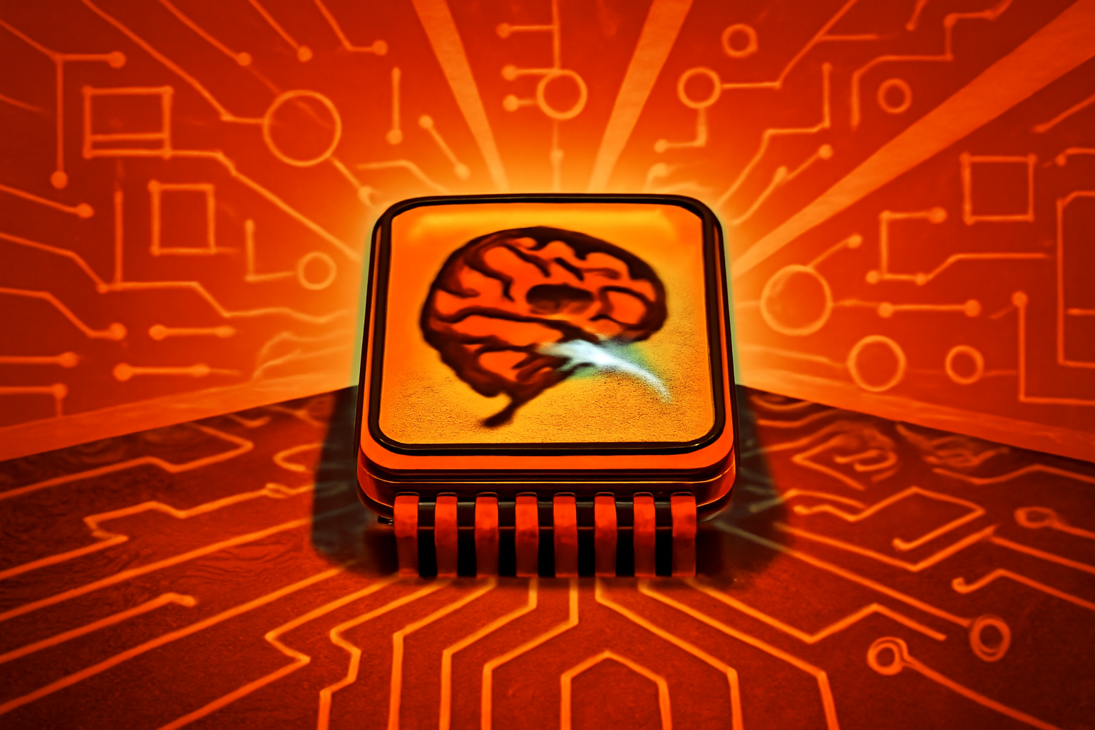 A microscopic view of a neuromorphic chip featuring glowing blue circuits arranged in a pattern resembling biological brain synapses.