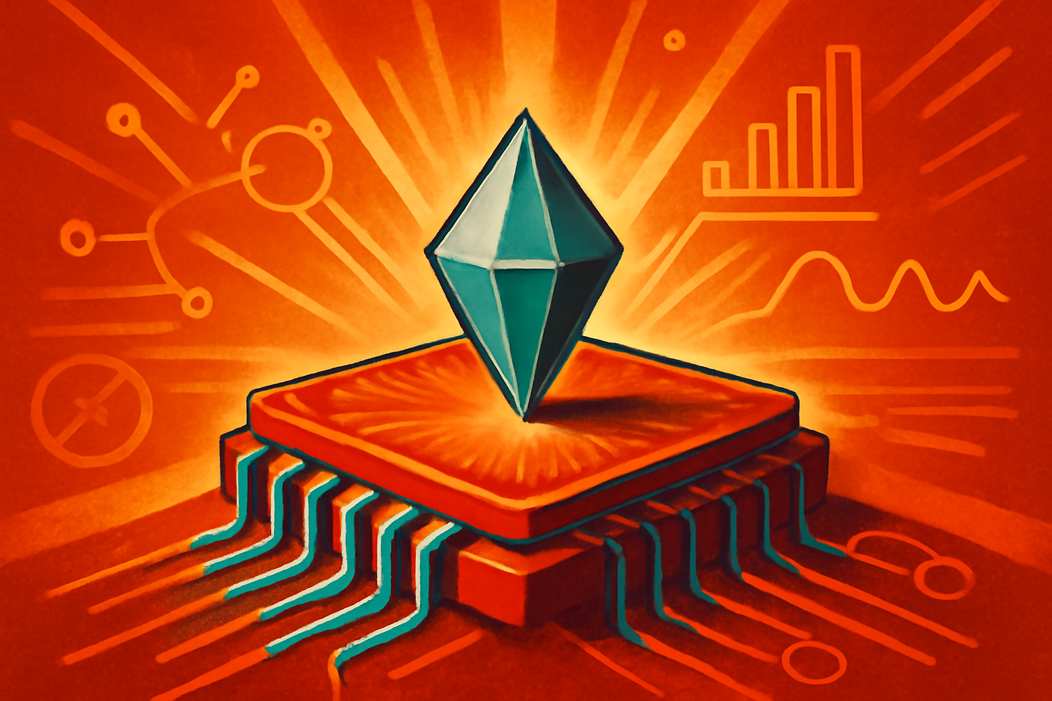 A conceptual 3D illustration of a futuristic computer chip with blue light representing efficient heat dissipation through metallic crystals.