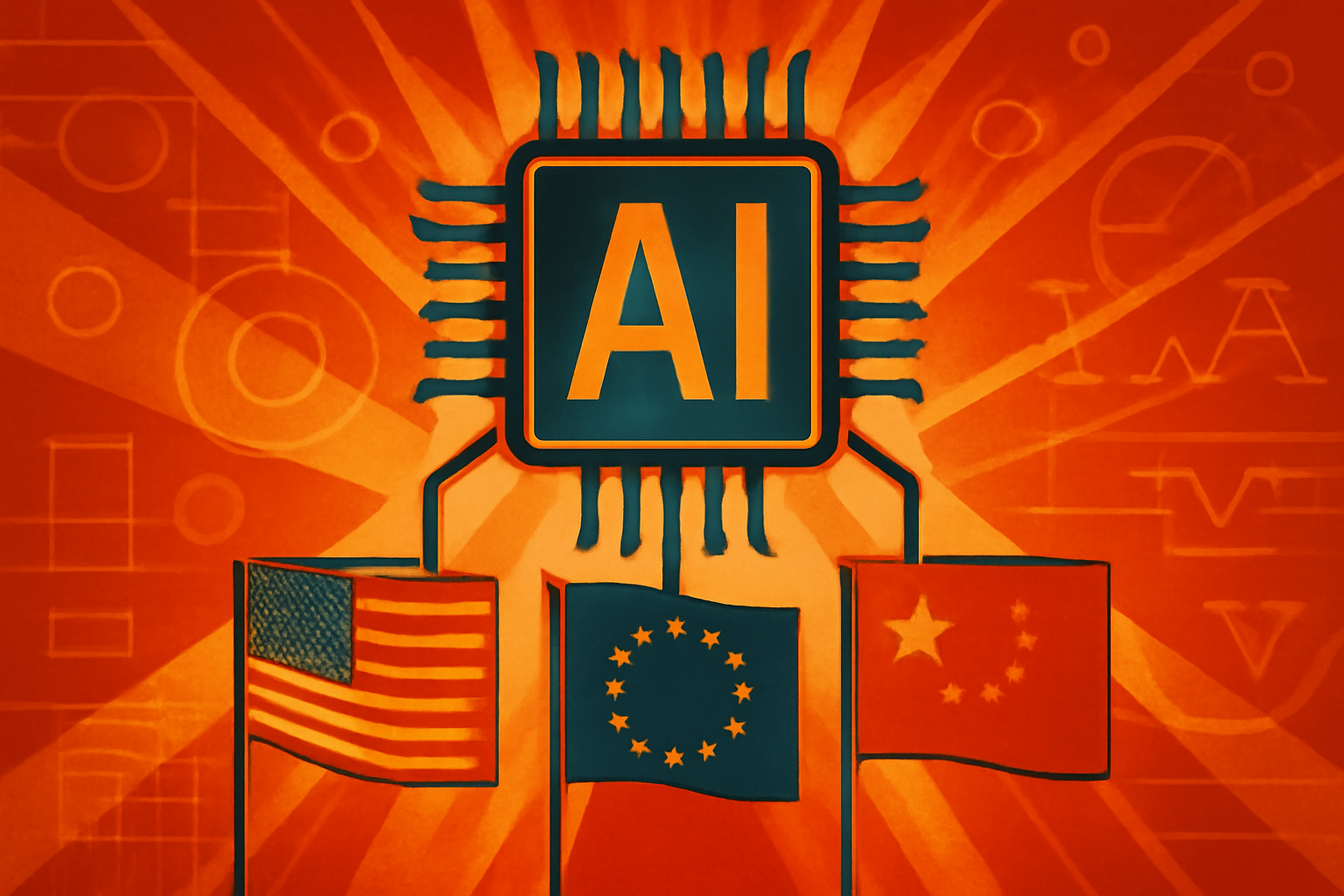 A conceptual illustration of a digital globe with three distinct colored light paths originating from the U.S., Europe, and China, symbolizing different AI development strategies.
