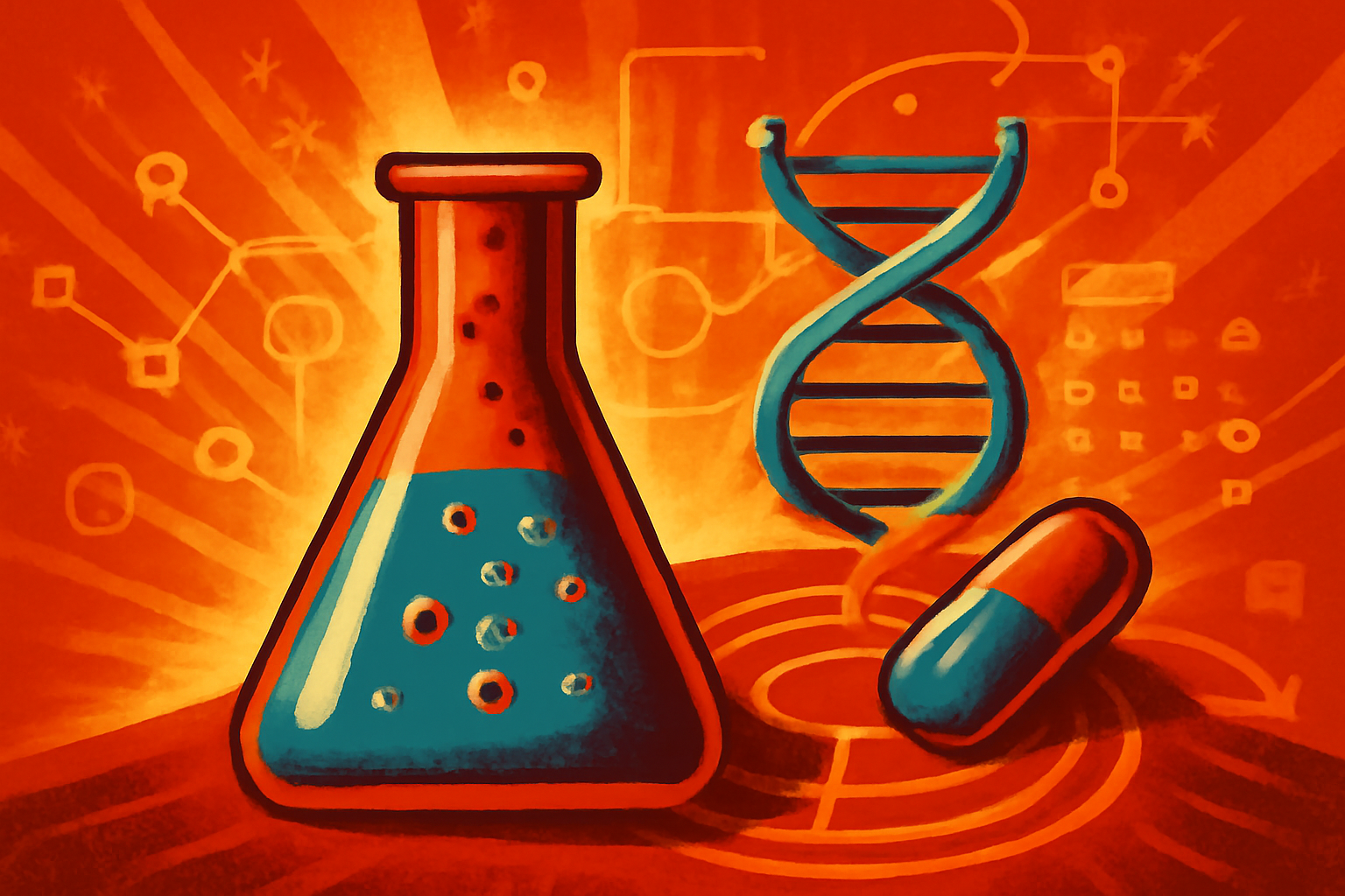A digital 3D model of a DNA strand integrated with glowing light points representing artificial intelligence and data nodes.