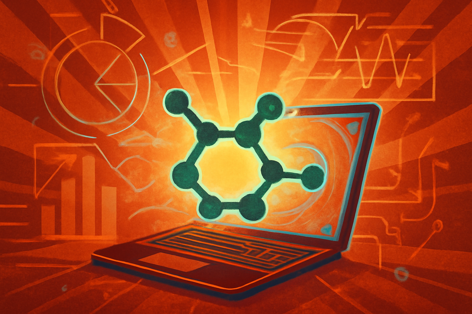 A stylized 3D model of a complex molecule surrounded by digital data points and glowing probability clouds, representing AI-driven molecular design.