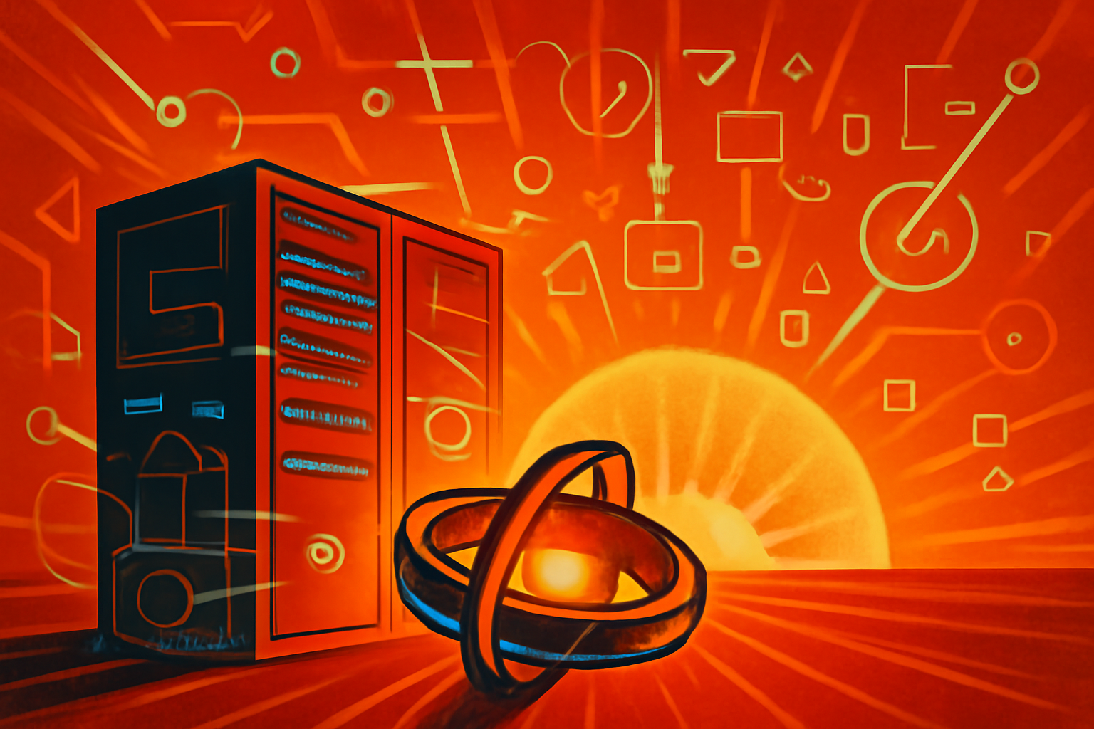 A high-tech supercomputer server room with blue lighting and a digital visualization of a glowing plasma fusion reactor.