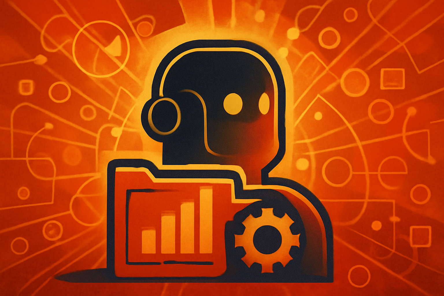A computer screen in a dark research lab shows scrolling code and data visualizations with subtle digital icons representing labor and organization.