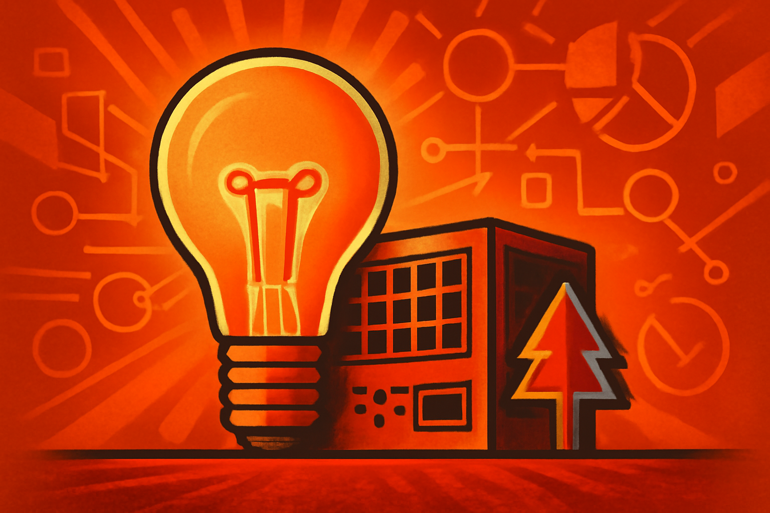 An editorial illustration showing a large data center building surrounded by green trees and wind turbines, symbolizing the intersection of AI energy use and green technology.