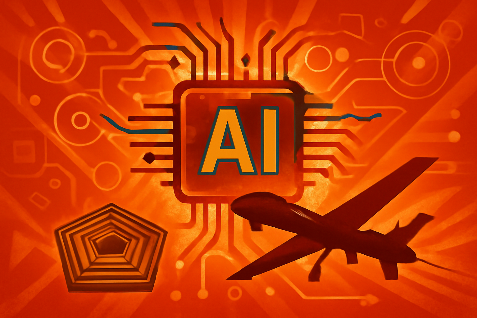 A digital news graphic showing a military satellite view of a geographic region with blue digital grids and target markers representing artificial intelligence analysis.