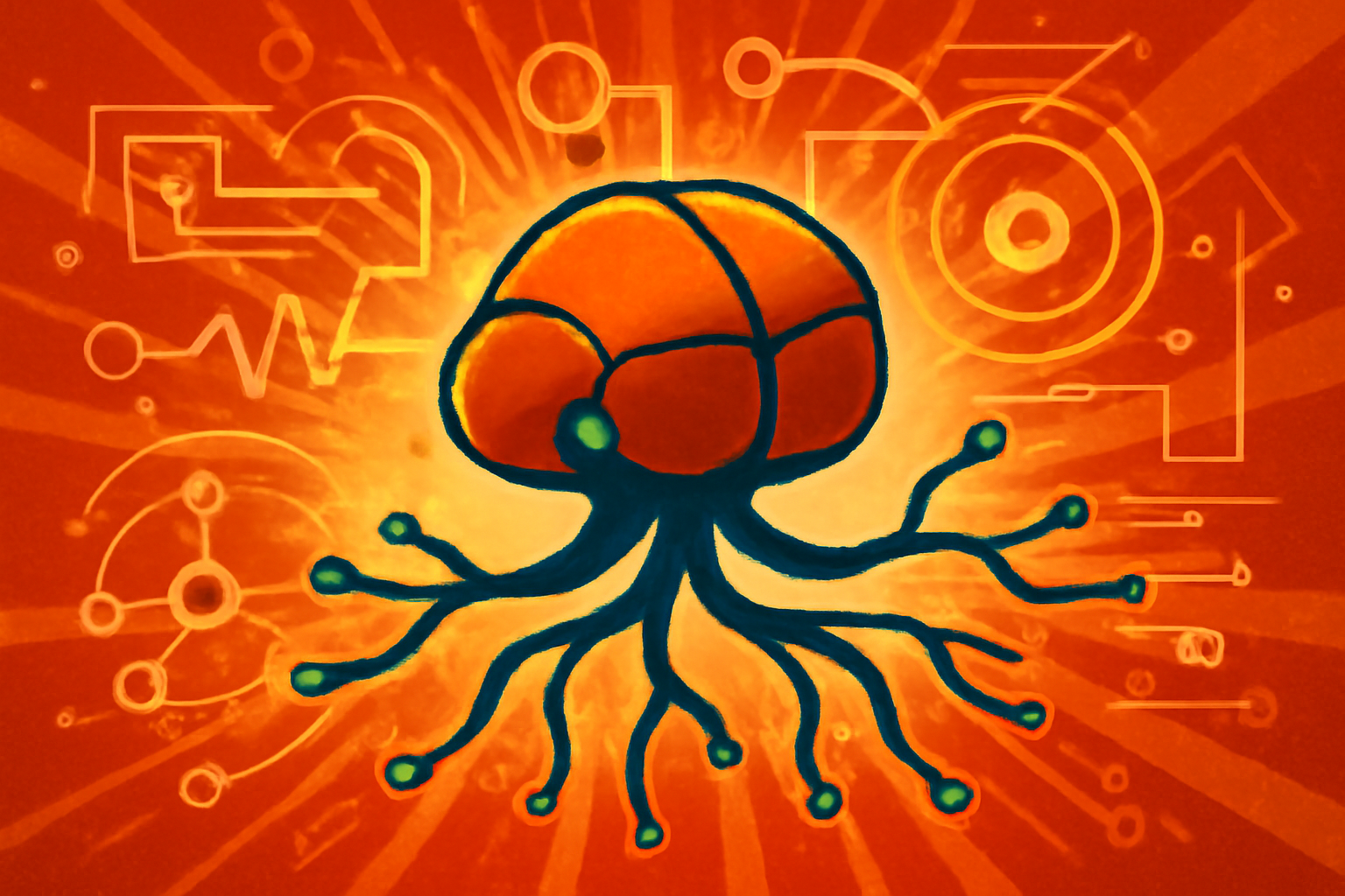 A microscopic view of translucent, circular biological robots featuring a visible internal network of glowing neural fibers.