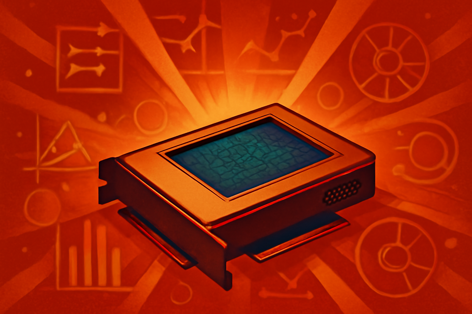 A high-tech visualization of a computer chip with data streams narrowing into a dense central point, symbolizing efficient AI model compression.