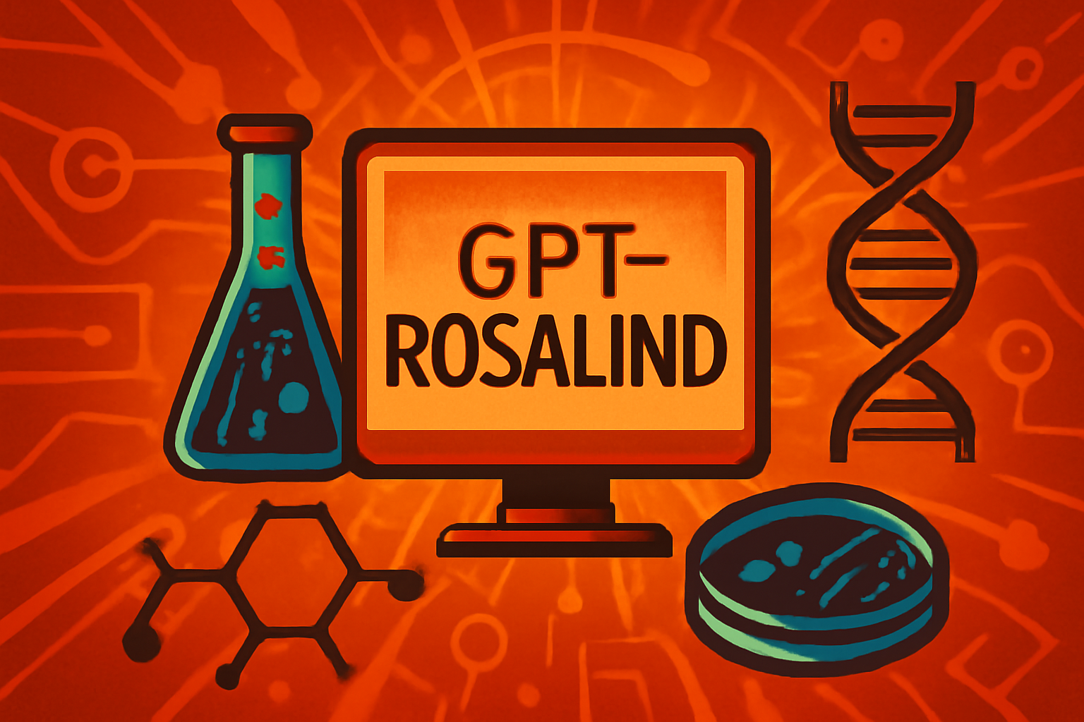 A computer screen in a lab displaying colorful 3D protein models and DNA strands used in drug discovery research.
