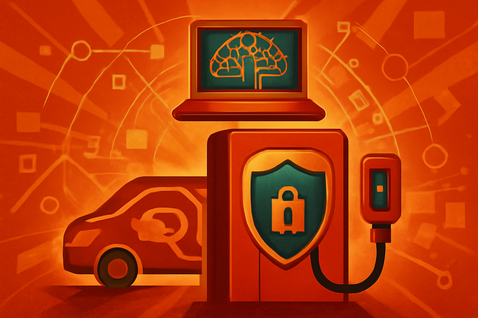A high-tech electric vehicle charging station featuring a digital overlay of a blue shield and data nodes, symbolizing AI-driven cybersecurity protection.