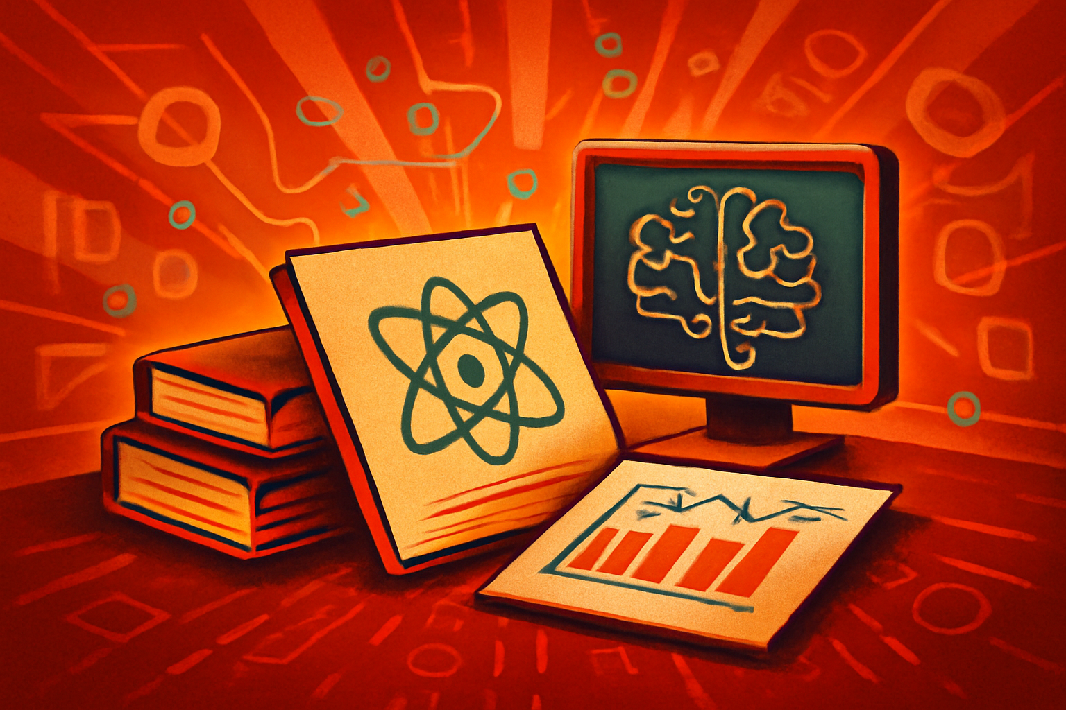 A clean laboratory setting showing a computer screen with a scientific manuscript and abstract digital patterns representing artificial intelligence.