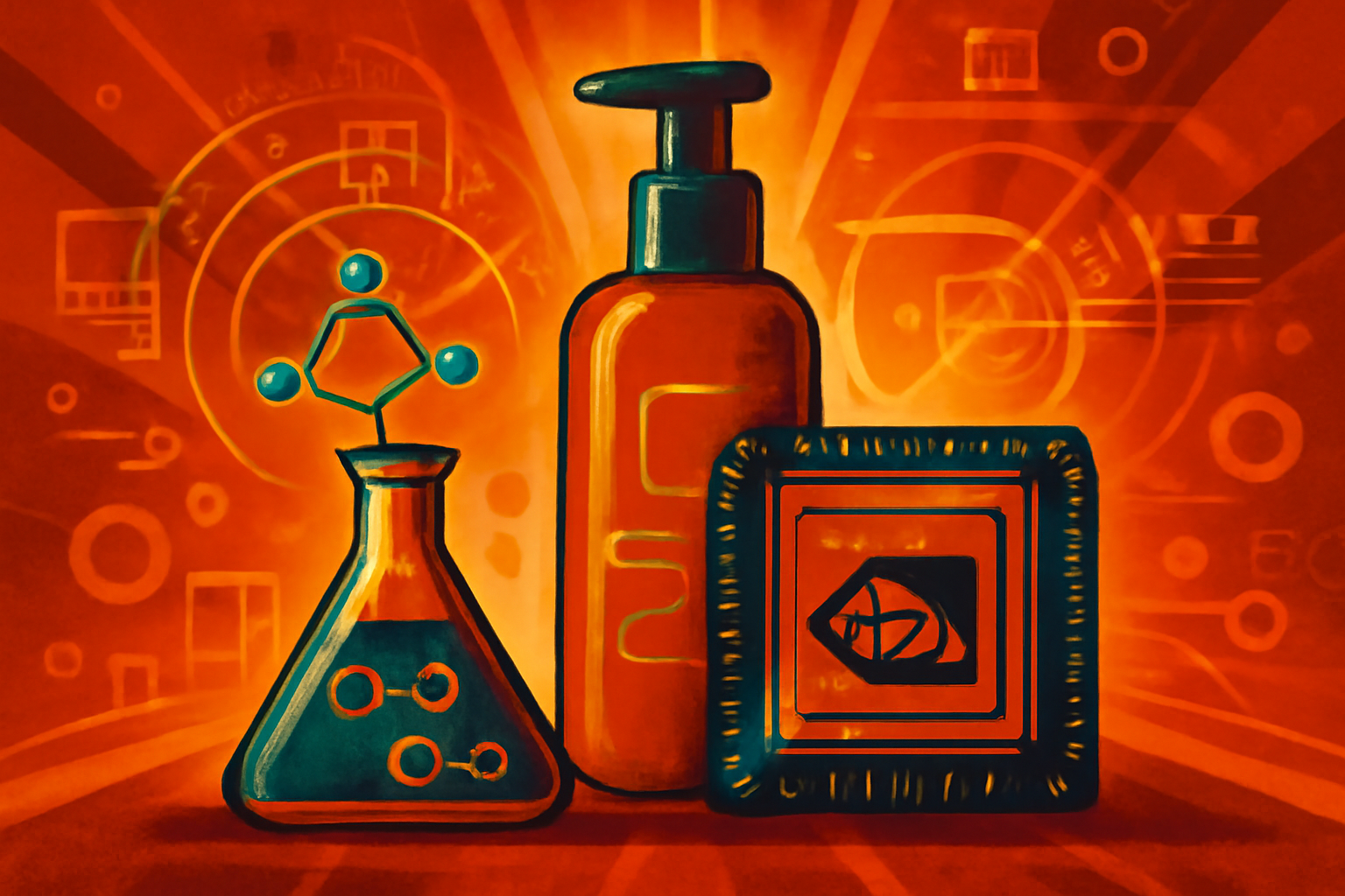 A digital visualization of molecular structures on a large screen in a modern science laboratory, representing AI-driven beauty research.