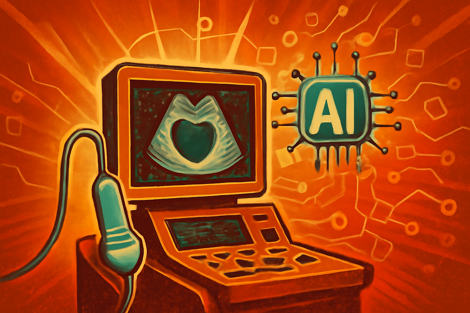 A physician views a cardiac ultrasound on a computer monitor featuring digital AI data overlays and analysis metrics.