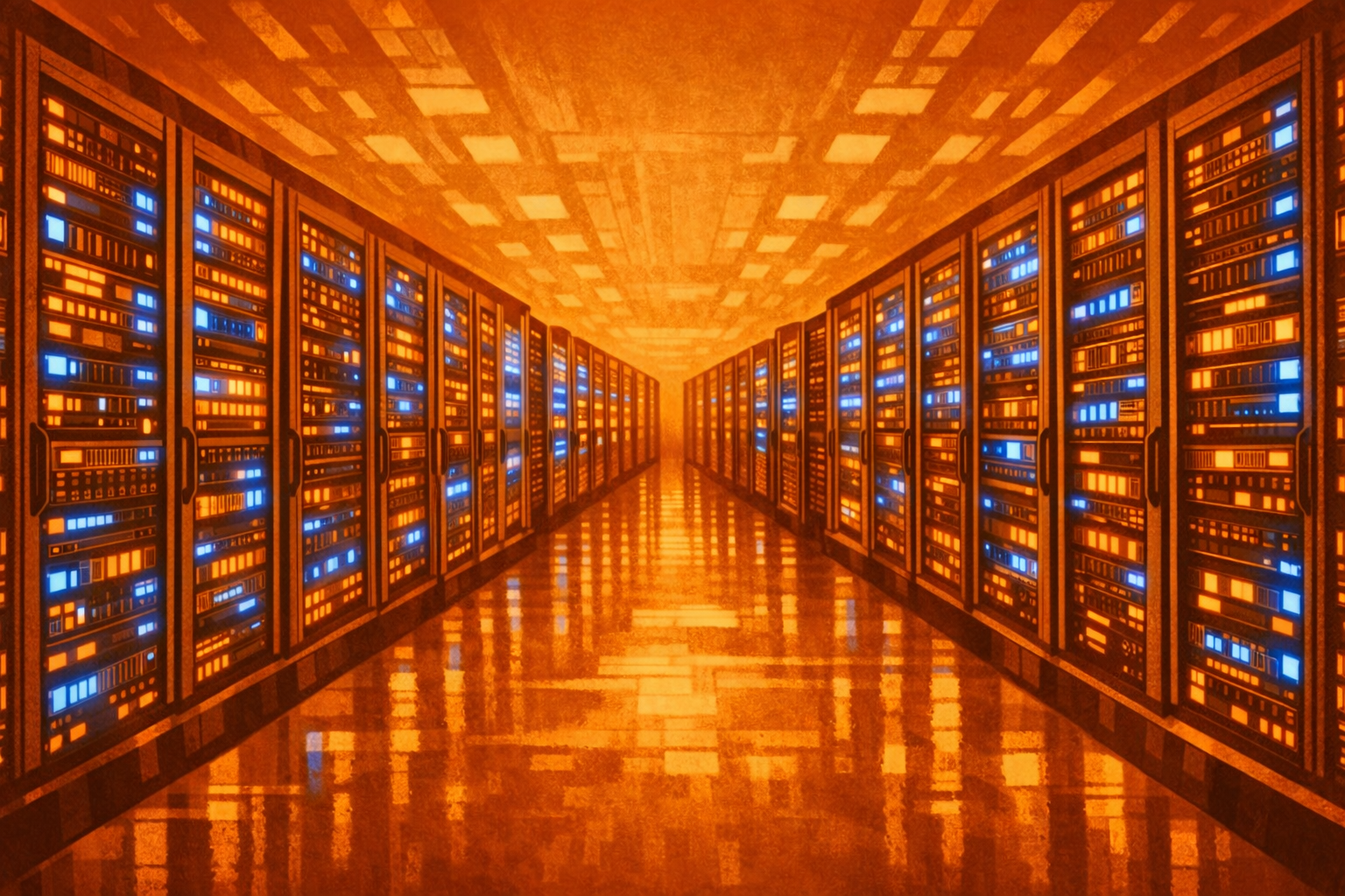 A vast, modern server room with rows of high-performance computing racks illuminated by cool blue lights, representing the scale of artificial intelligence infrastructure.