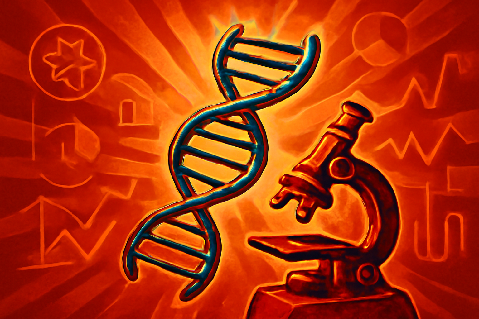 A futuristic lab monitor showing a colorful 3D model of a protein molecule alongside genomic data sequences.