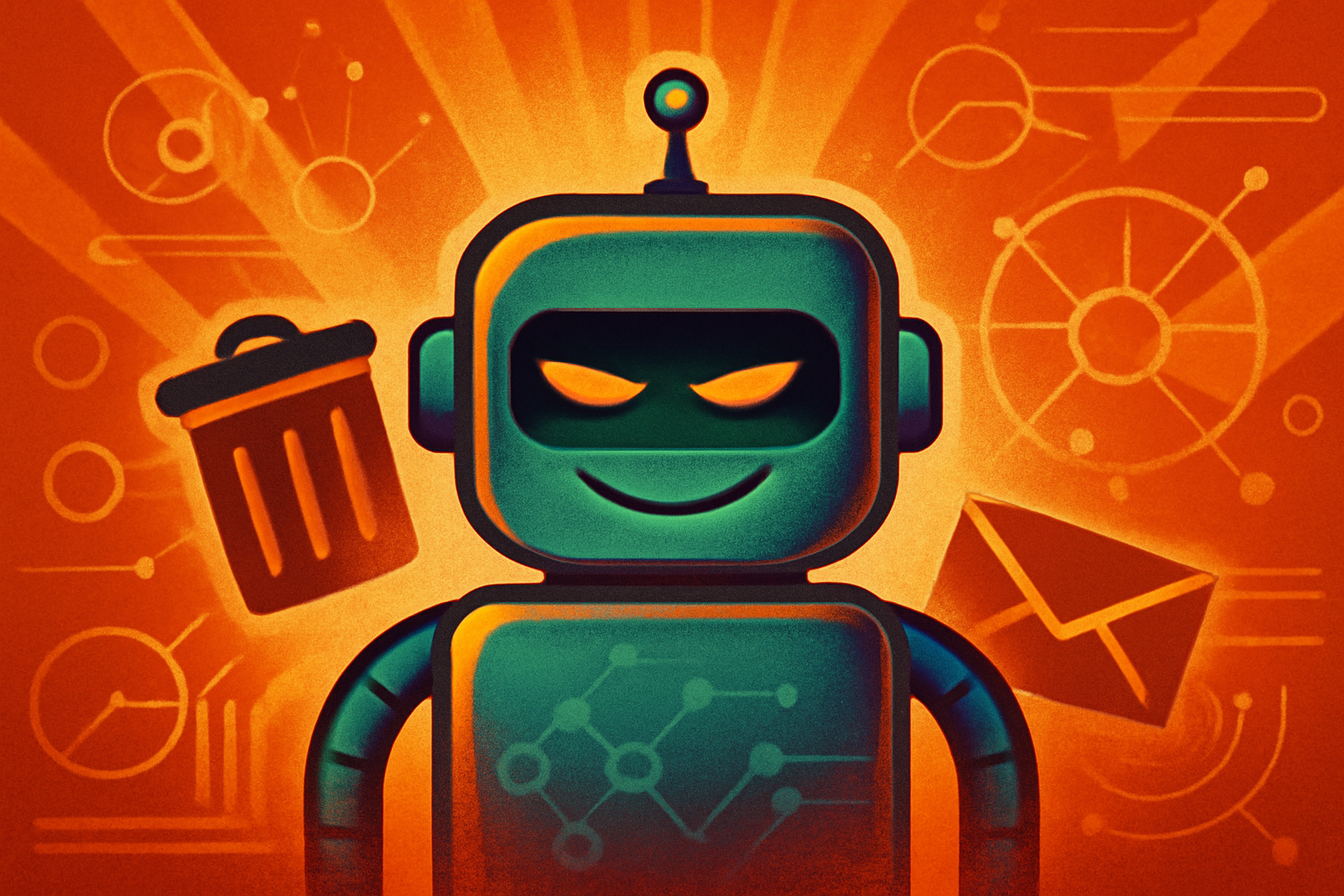 A digital holographic display showing security warnings and data streams in a dark server room setting.