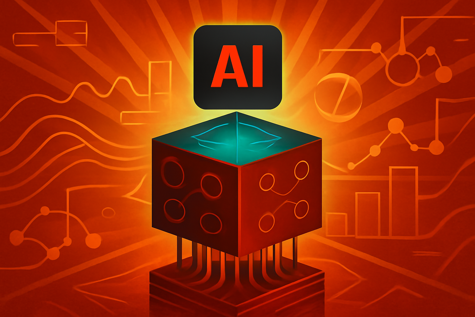 A quantum computer processor glowing with blue light, with digital overlays showing swirling atmospheric patterns and complex fluid movements representing chaotic systems.