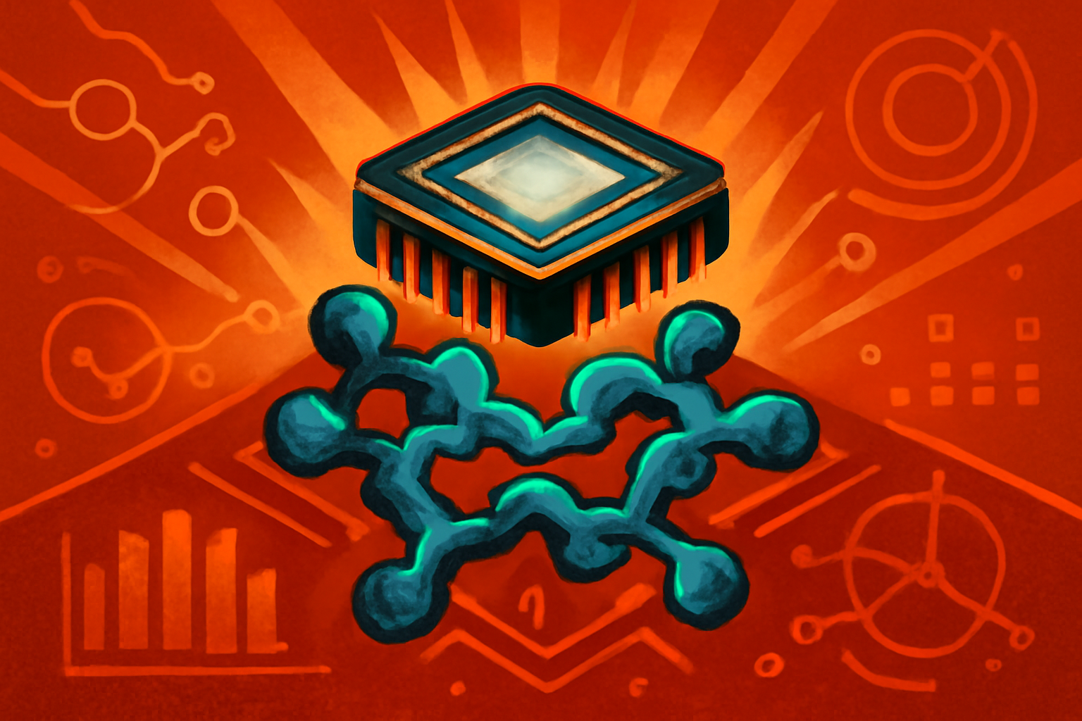 A 3D model of a colorful protein complex surrounded by glowing digital data points, representing AI-driven drug discovery.