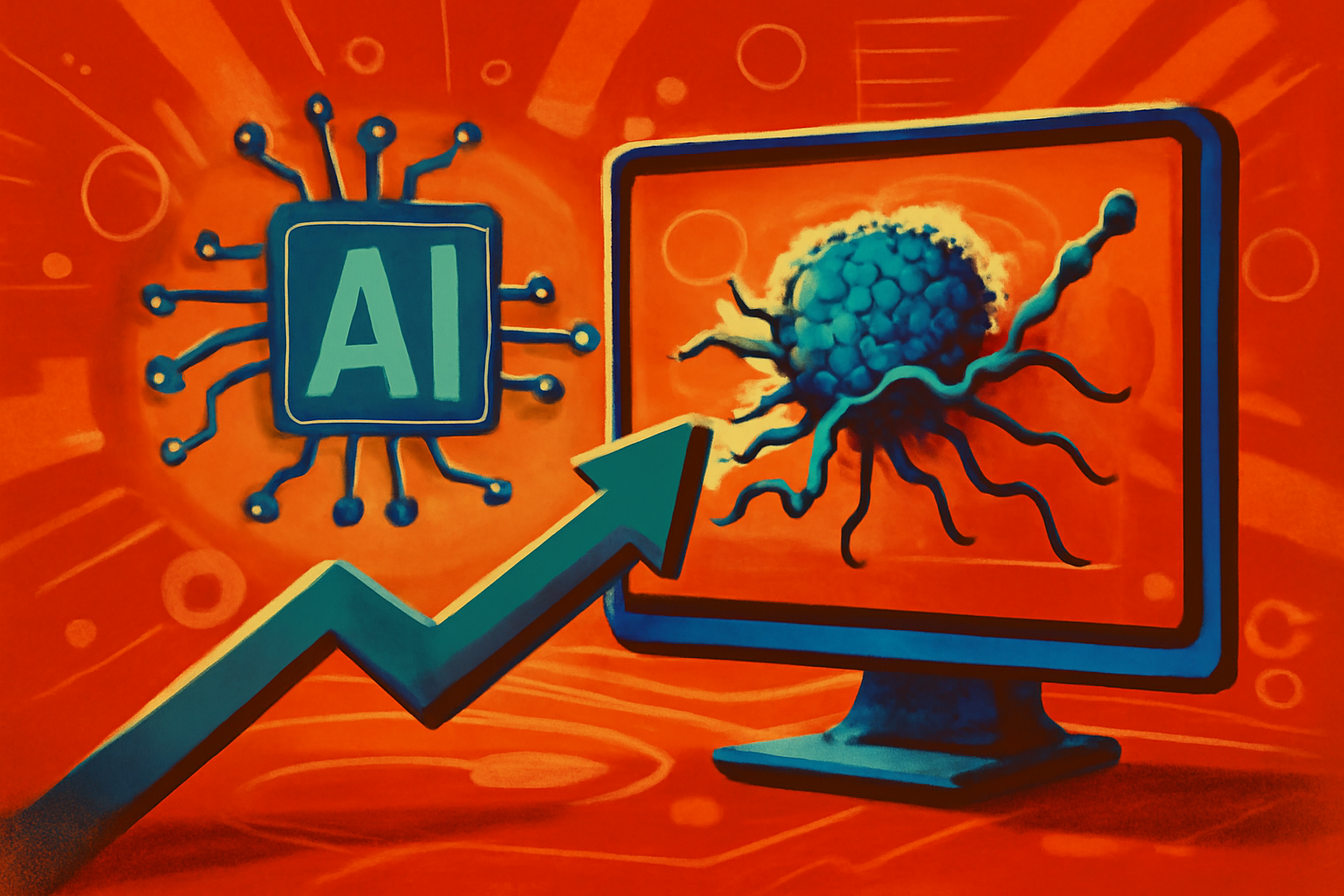 A scientist reviews genetic data on a digital display using AI to predict cancer metastasis risks.