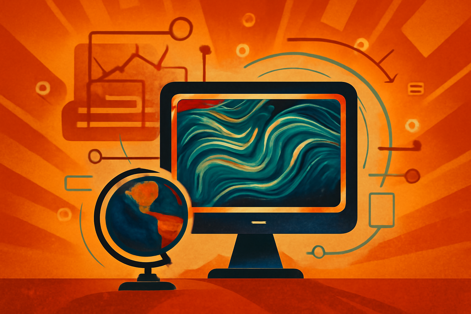 A scientific visualization of global ocean currents represented by glowing data lines over a dark blue ocean, with a weather satellite visible in the corner.