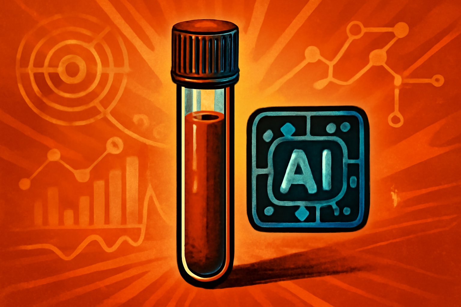 A close-up of a medical blood sample vial in a laboratory, with a digital interface showing AI-driven diagnostic data in the background.