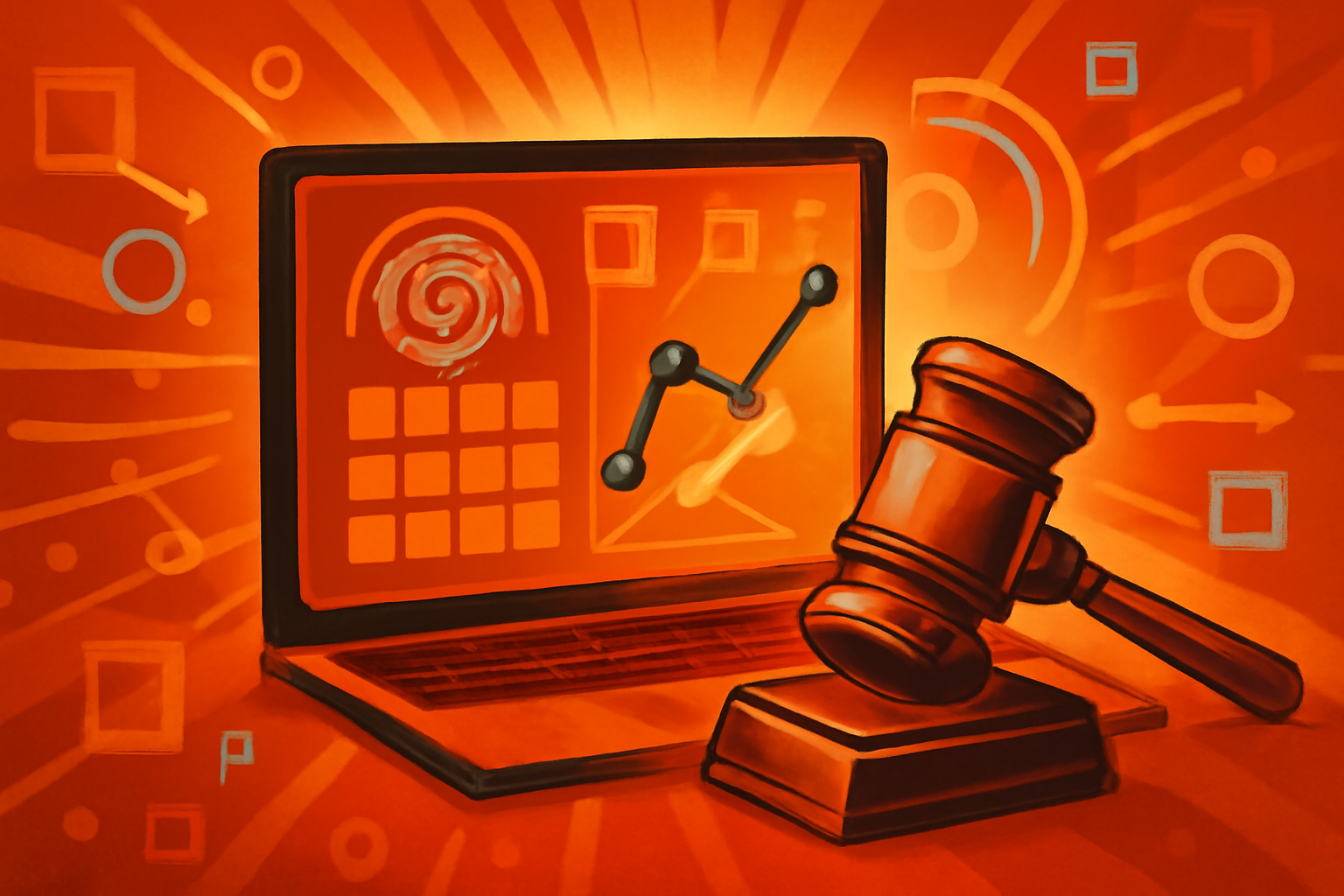 An editorial illustration of digital legal documents and code flowing into a neural network icon with a courthouse silhouette in the distance.