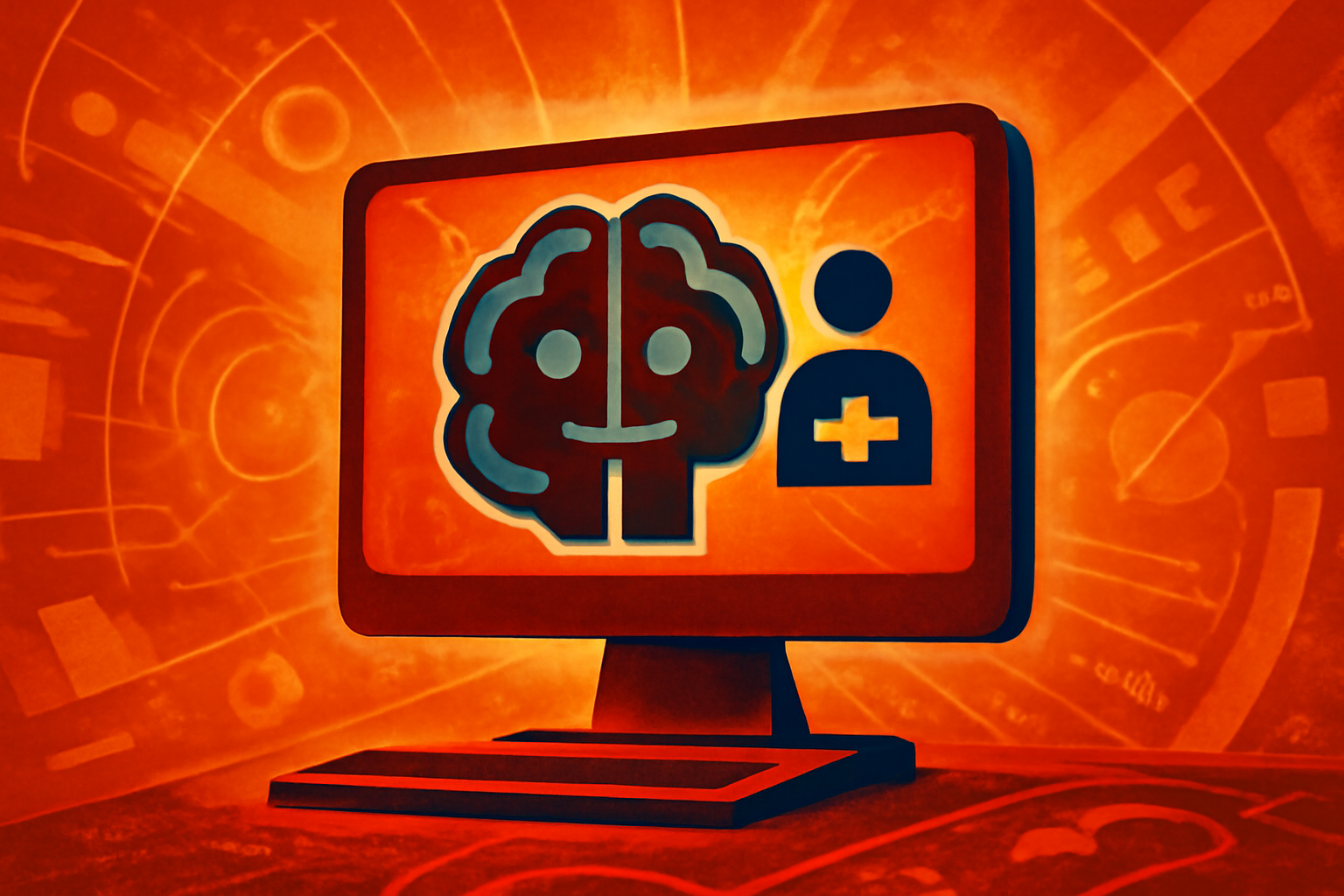 A close-up of a digital tablet in a medical setting showing abstract health data and AI network connections.