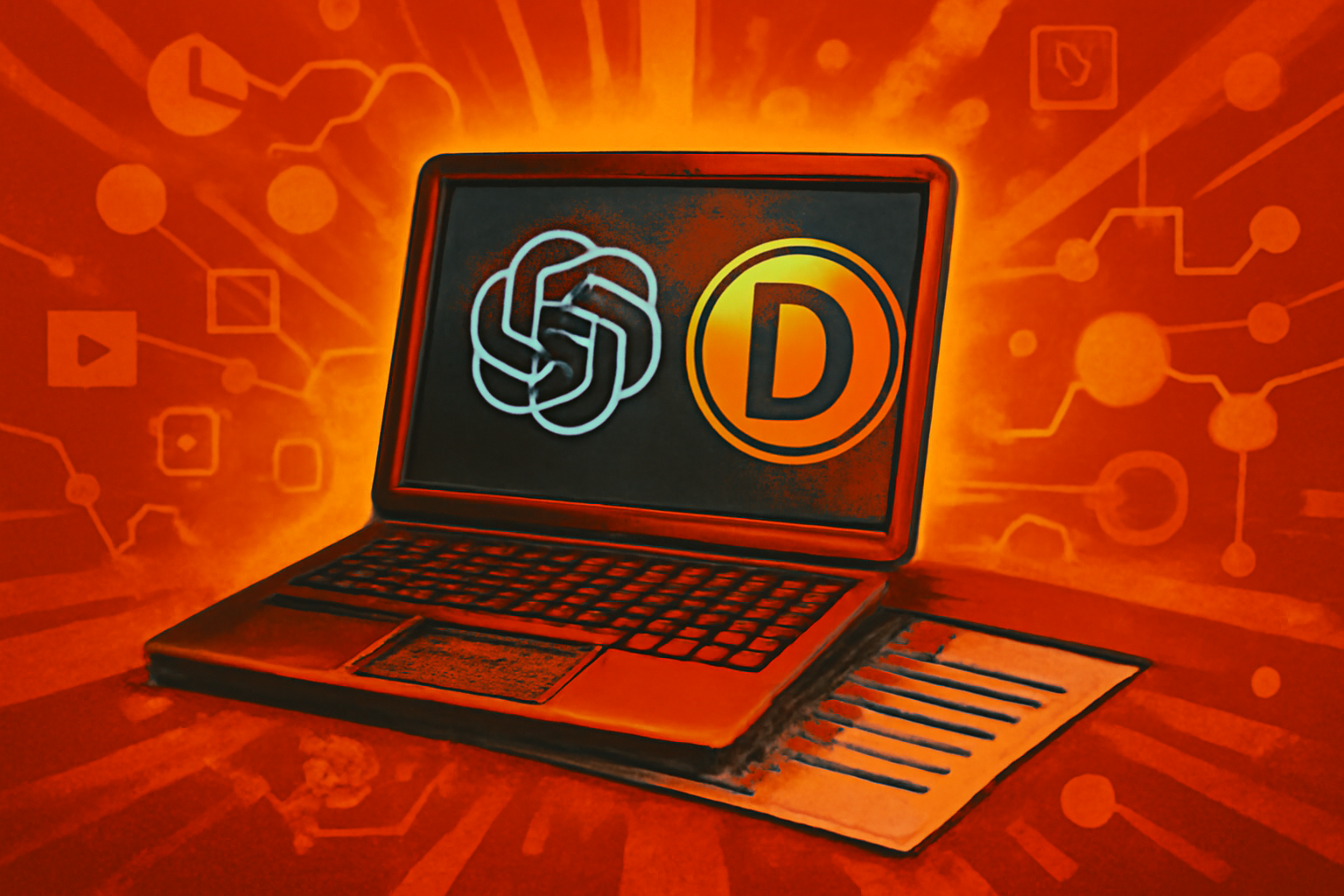 A digital tablet on a wooden desk showing a document with a red 'D' grade circled, next to a holographic representation of a neural network.