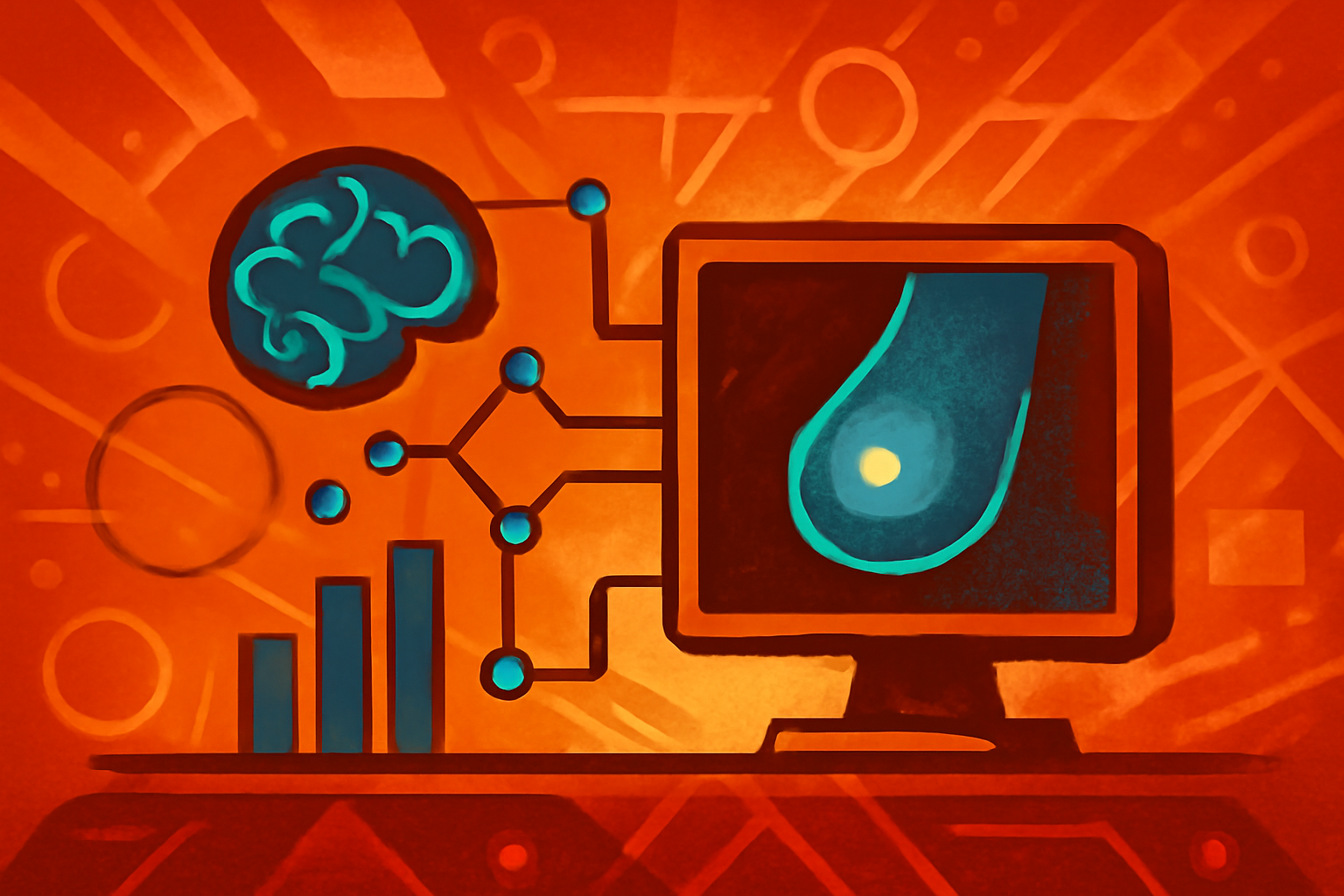 A radiologist in a clinical setting examines digital breast scans on a computer monitor where AI-driven software highlights potential areas of concern for further review.