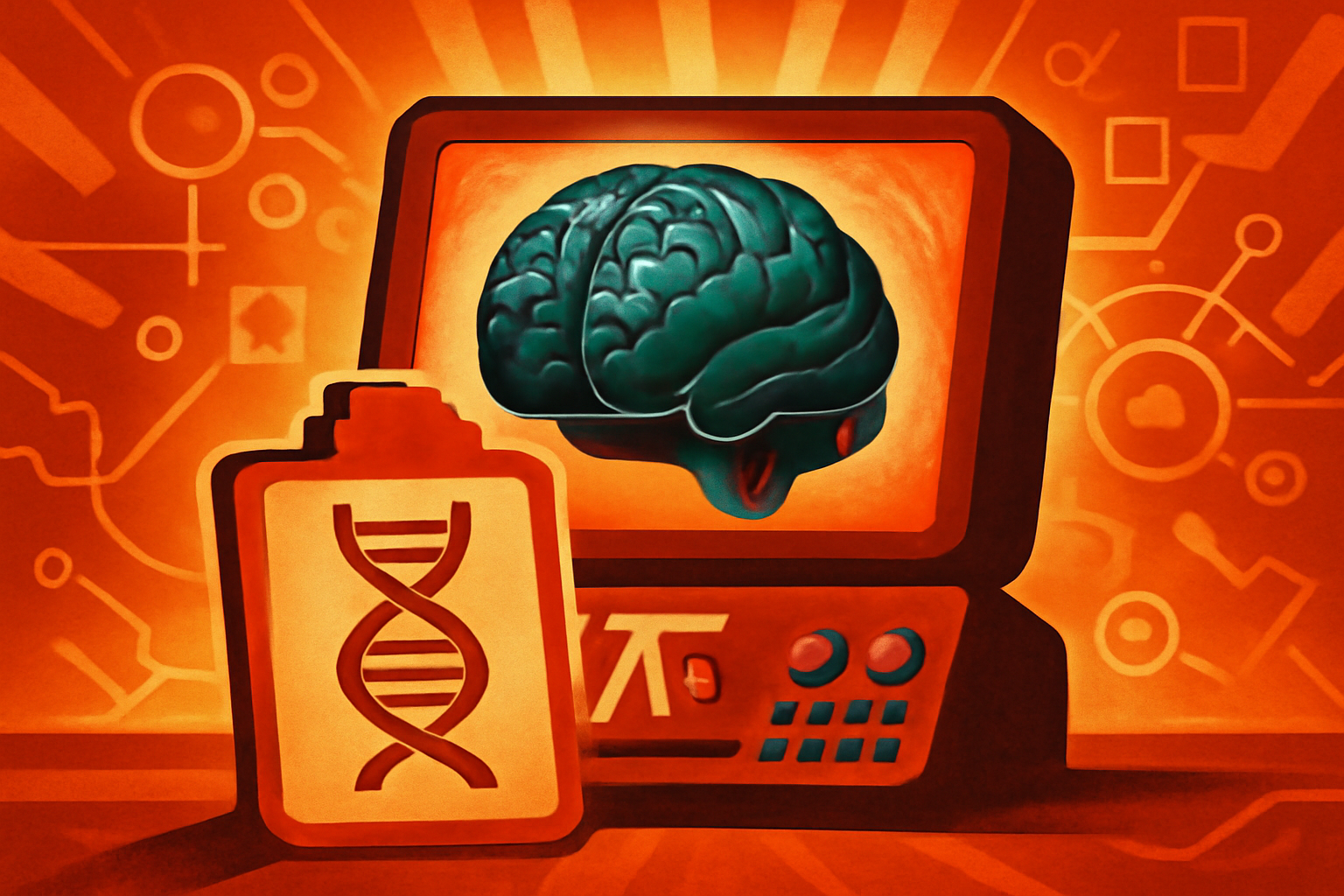 A digital illustration of a human brain with glowing neural networks and genomic data visualizations representing AI-driven cancer risk prediction.
