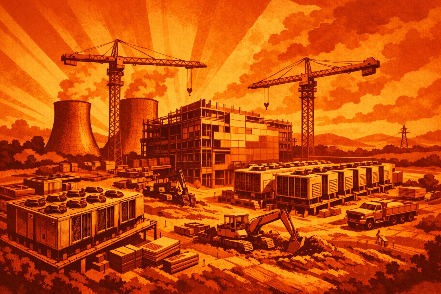 A large industrial data center facility under construction in a rural landscape, showing cooling systems and infrastructure.