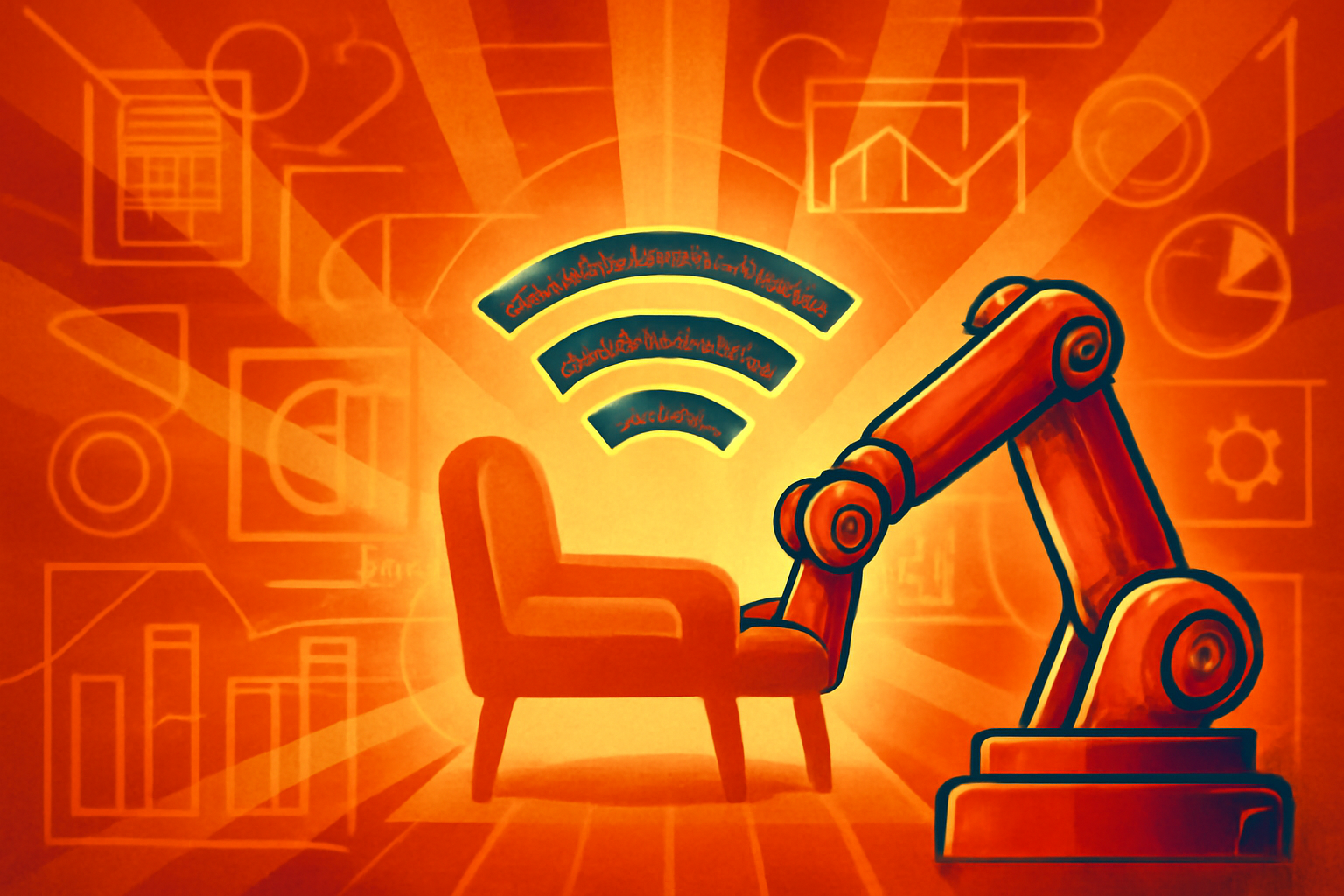 A robot in a room with a digital visualization showing objects behind a wall as transparent 3D wireframes.