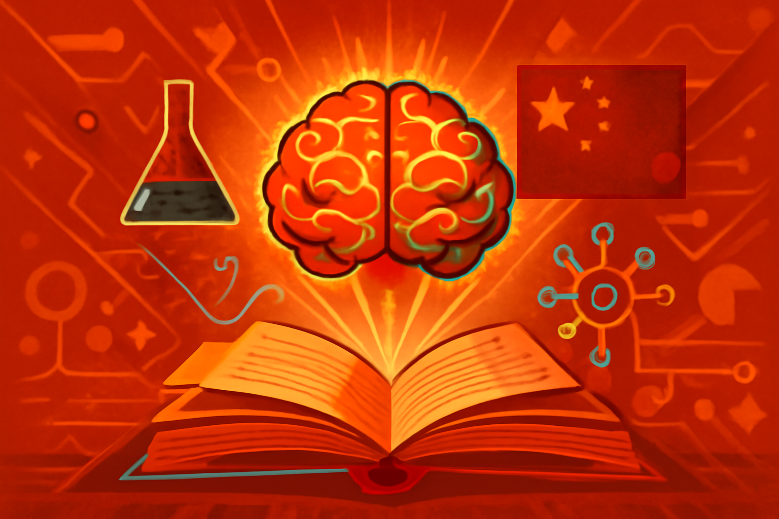 An editorial graphic showing U.S. and Chinese tech influences joined by digital data nodes and icons representing scientific research.