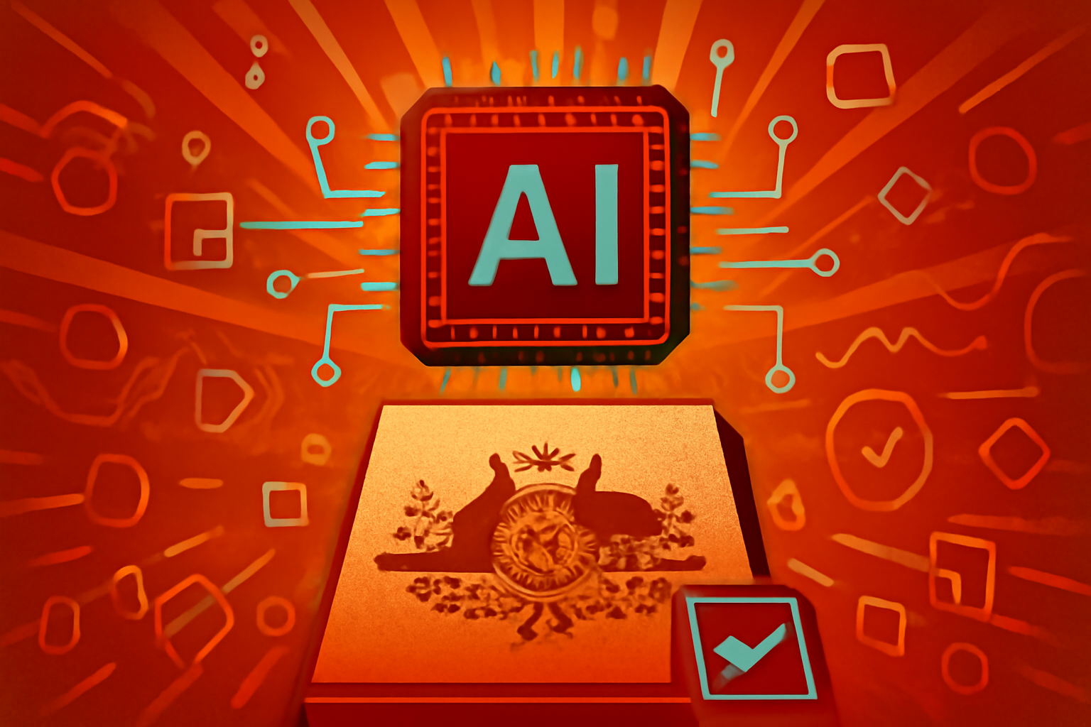 The Australian Parliament House building with a digital overlay of glowing blue lines representing artificial intelligence data networks.