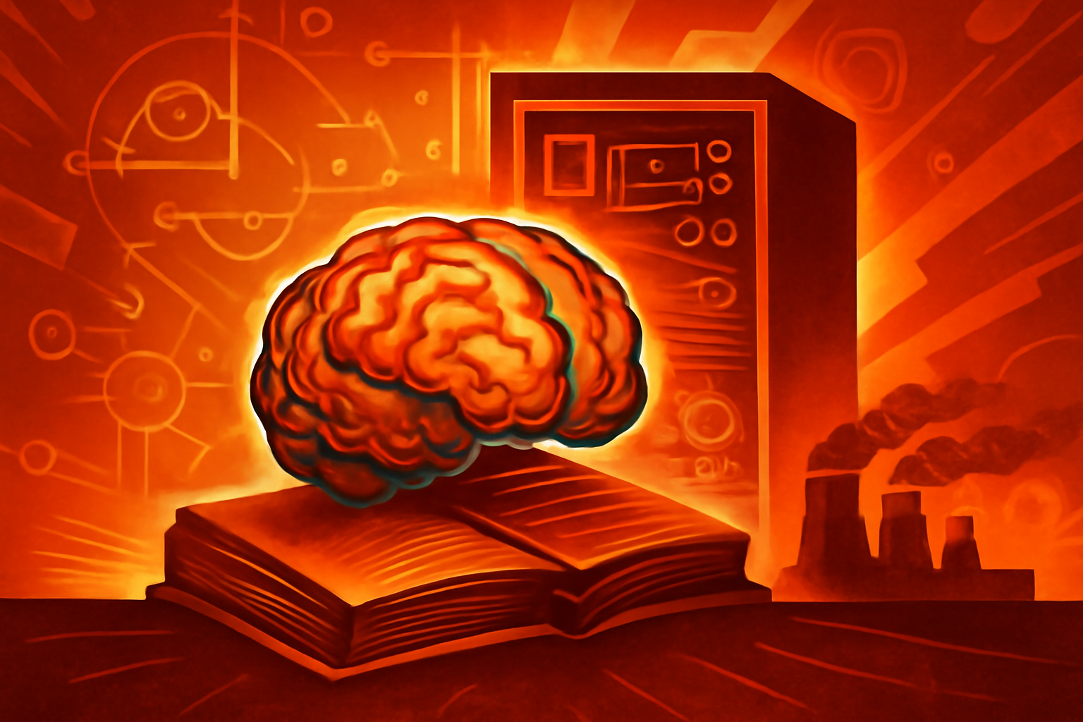 Digital illustration of an AI neural network overlaying mathematical equations and a data center server aisle.