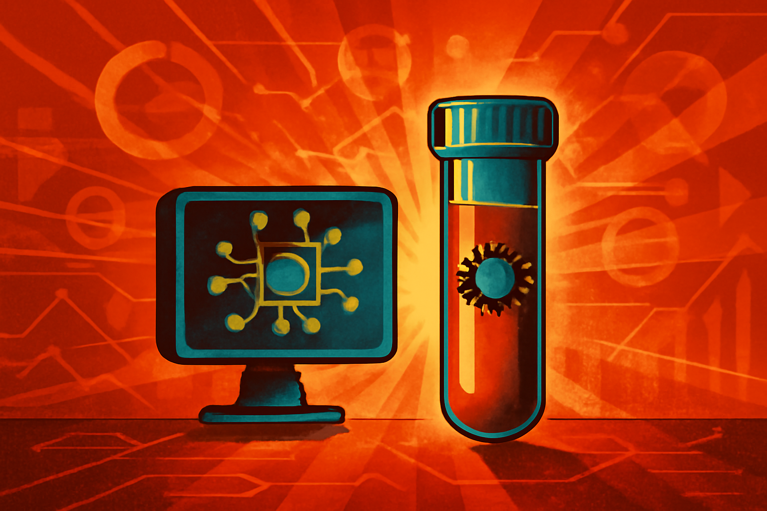 A laboratory computer screen displaying data visualizations for gene therapy research next to pharmaceutical equipment.