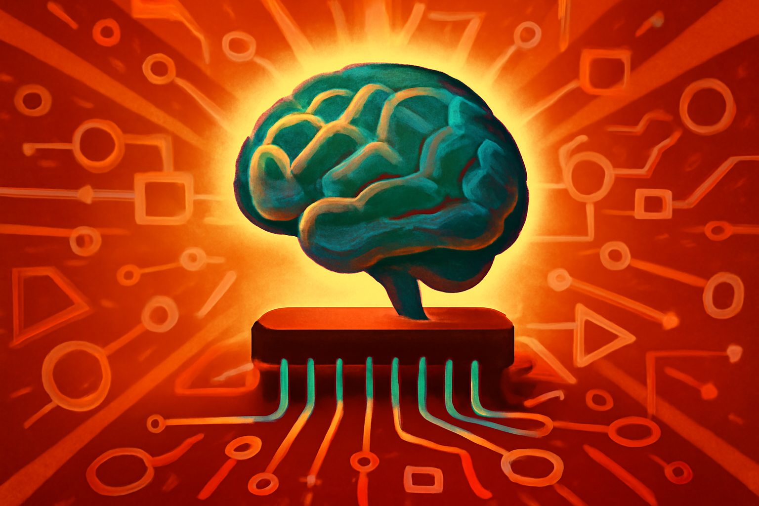 A glowing green circuit board in the shape of a brain, representing energy-efficient AI technology developed at Tufts University.