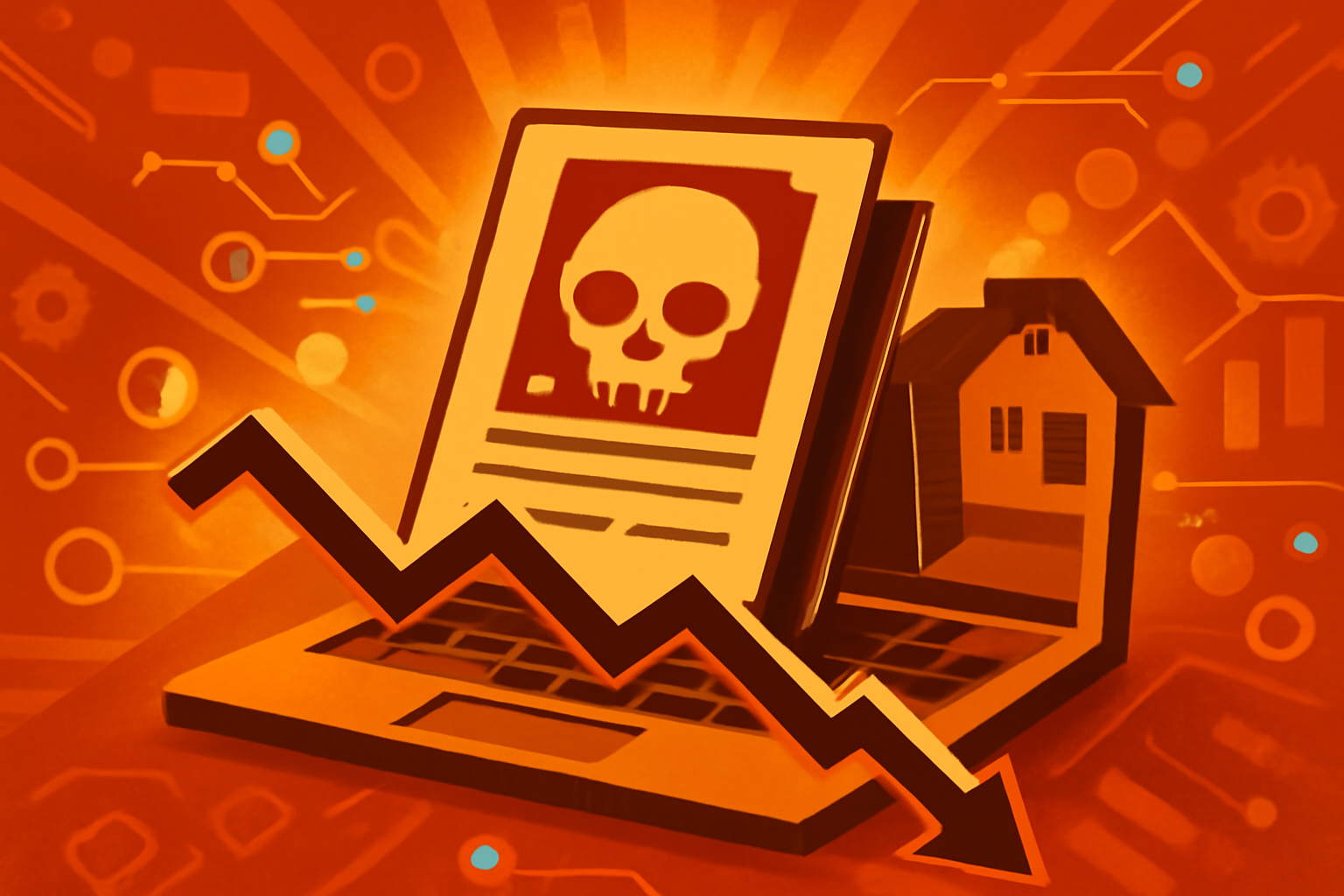 A stock market ticker showing plunging numbers in red, overlaid with ghostly silhouettes of robotic figures working in a corporate office.