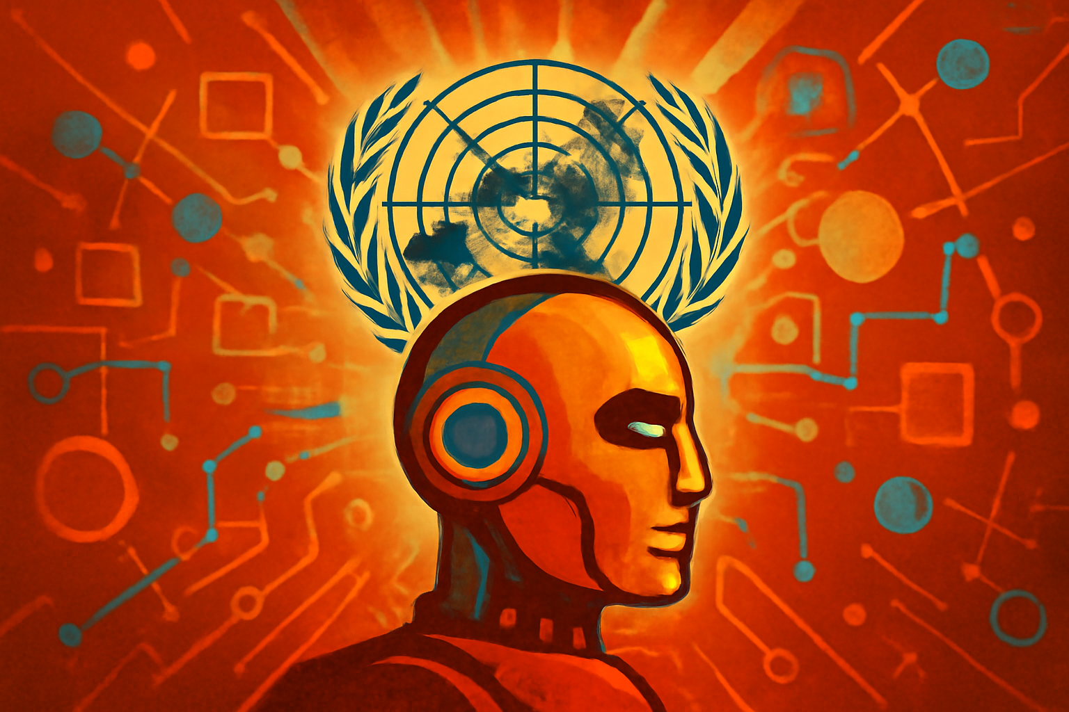A modern UN assembly hall featuring a digital neural network hologram over a map of the world, representing global AI oversight.