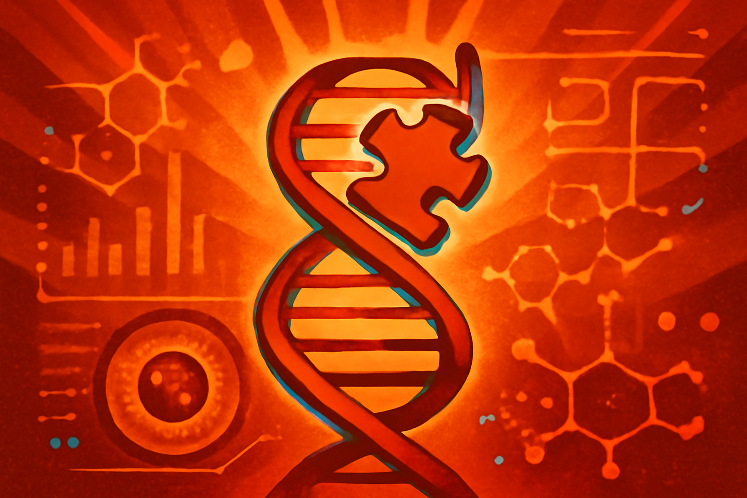 A scientific 3D illustration showing a protein molecule interacting with a glowing DNA double helix in a dark blue medical laboratory setting.