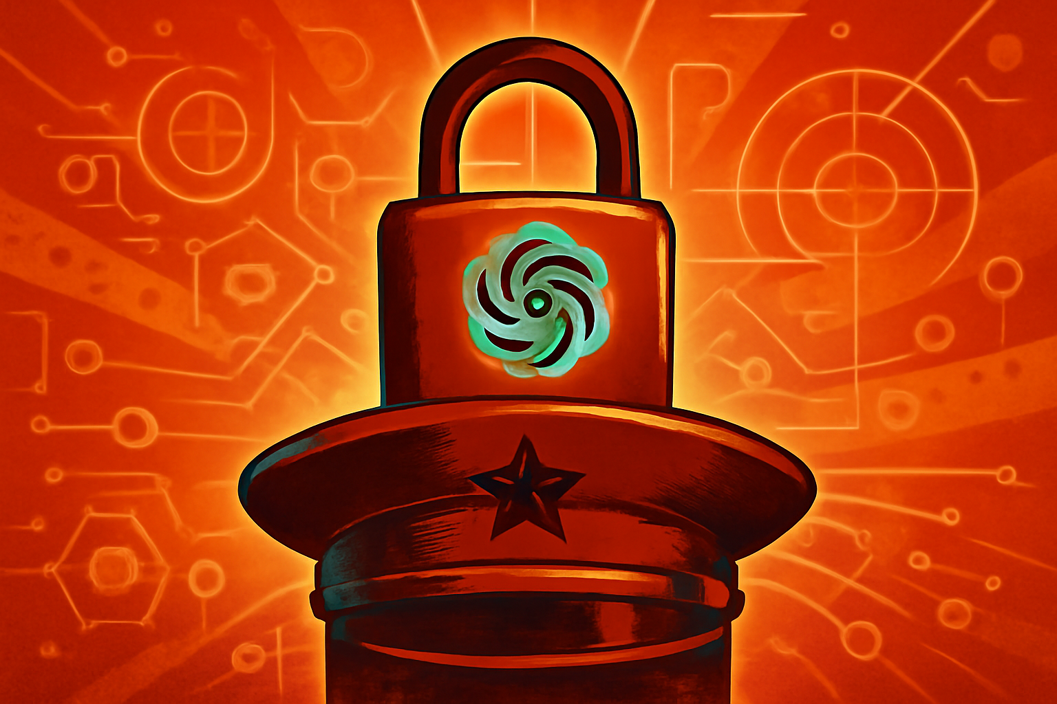 Digital illustration of the Pentagon building with a glowing blue artificial intelligence network overlay, representing secure classified data processing.