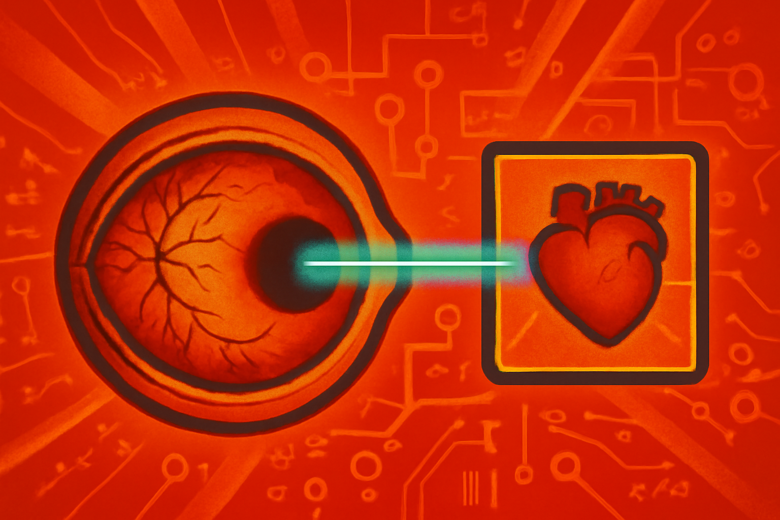 A digital rendering of a human retinal scan on a computer monitor, showing a network of blood vessels highlighted by AI diagnostic software in a medical setting.